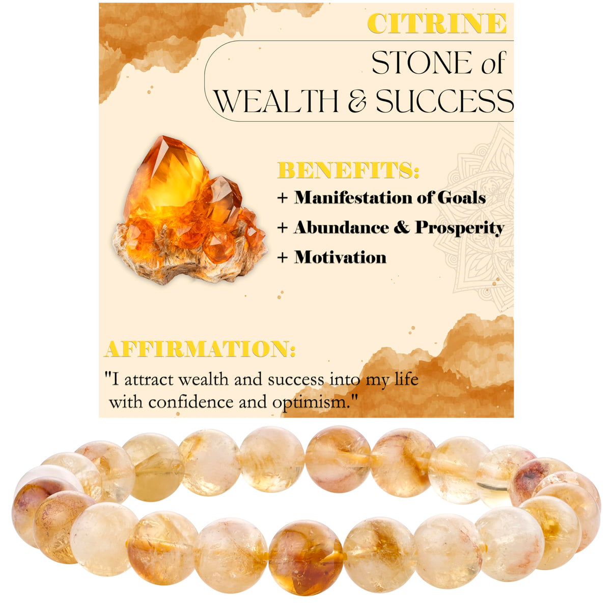 Citrine - Wealth and Success - 8mm Beaded Bracelets for Women Handmade Semi Precious Natural Stone Stretch Elastic Jewelry Yoga Protection Gifts
