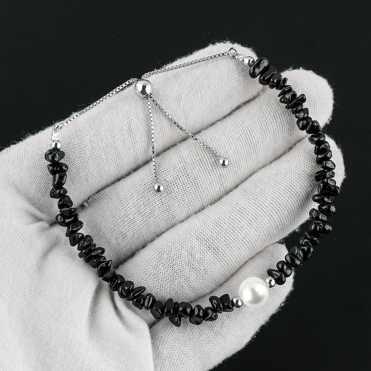CRYSTALIS Natural Black-Spinel Beads Slider Bolo Bracelet with Elegant Pearl, Uncut Chips Nuggets Crystals, Chakra Healing Gemstone, Women Jewelry, 925 Sterling Silver Slider 10 inch