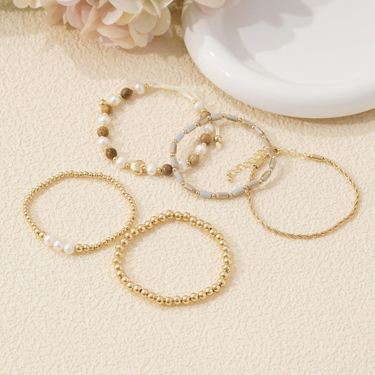 GOOJIDS Tiny Pearl Gold Plated Heart Beaded Bracelets For Women Dainty Gold Plated Pearls Stack Layered Beads Bracelet set for MAMA Birthday Mother's Day