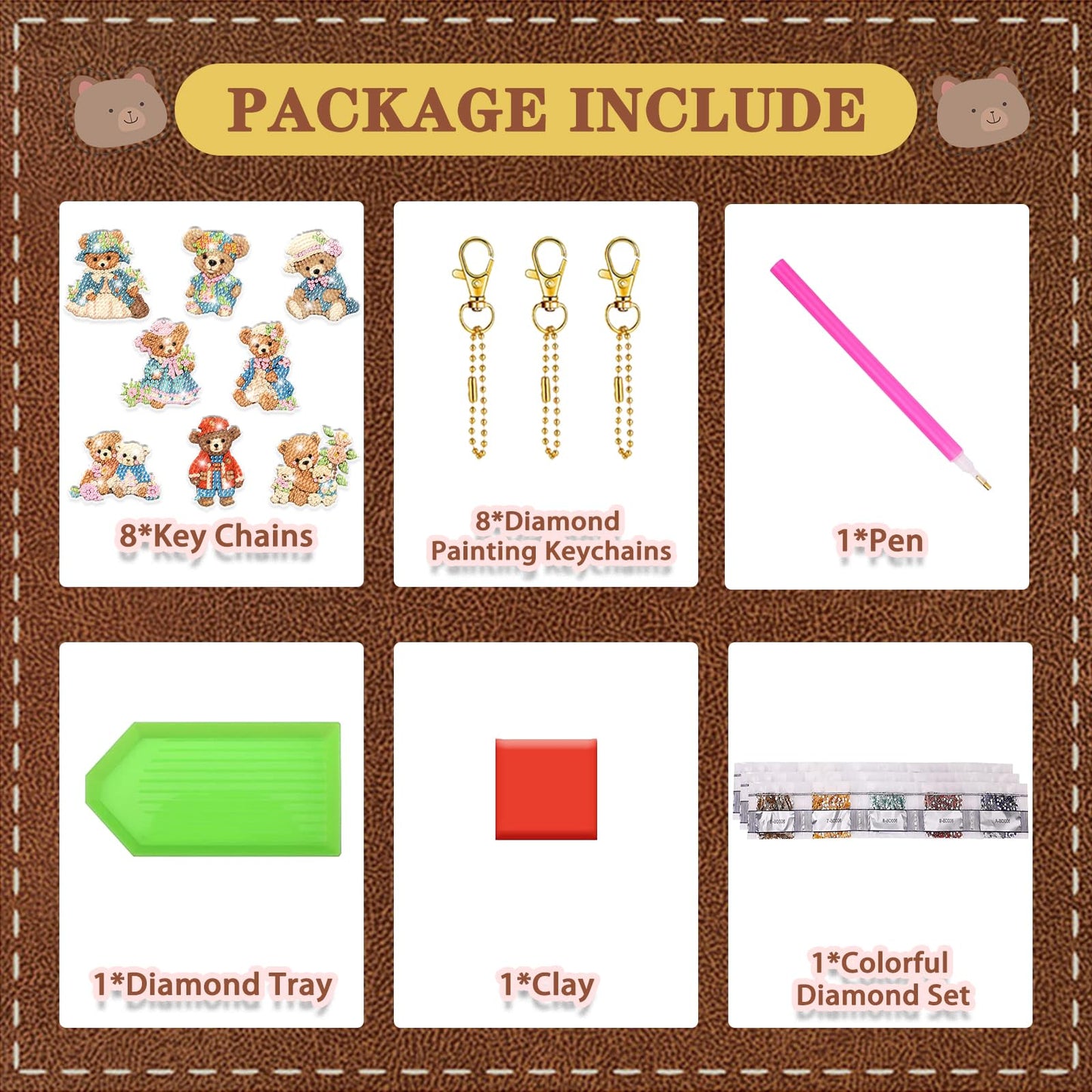 YUE ZHE 8 PCS Diamond Painting Keychains Double Sided Bear Diamond Art Kits for Adults DIY 5D Painting Keychains Ornaments for Adults Beginners DIY Crafts Decor