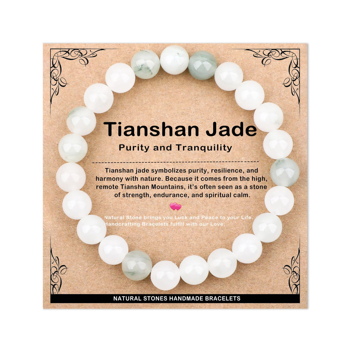 AD Beads 8mm Handmade Tianshan Jade Elastic Bracelet – Natural Gemstone for Purity and Tranquility – Meditation, Yoga, Healing and Energy Gift for Men Women