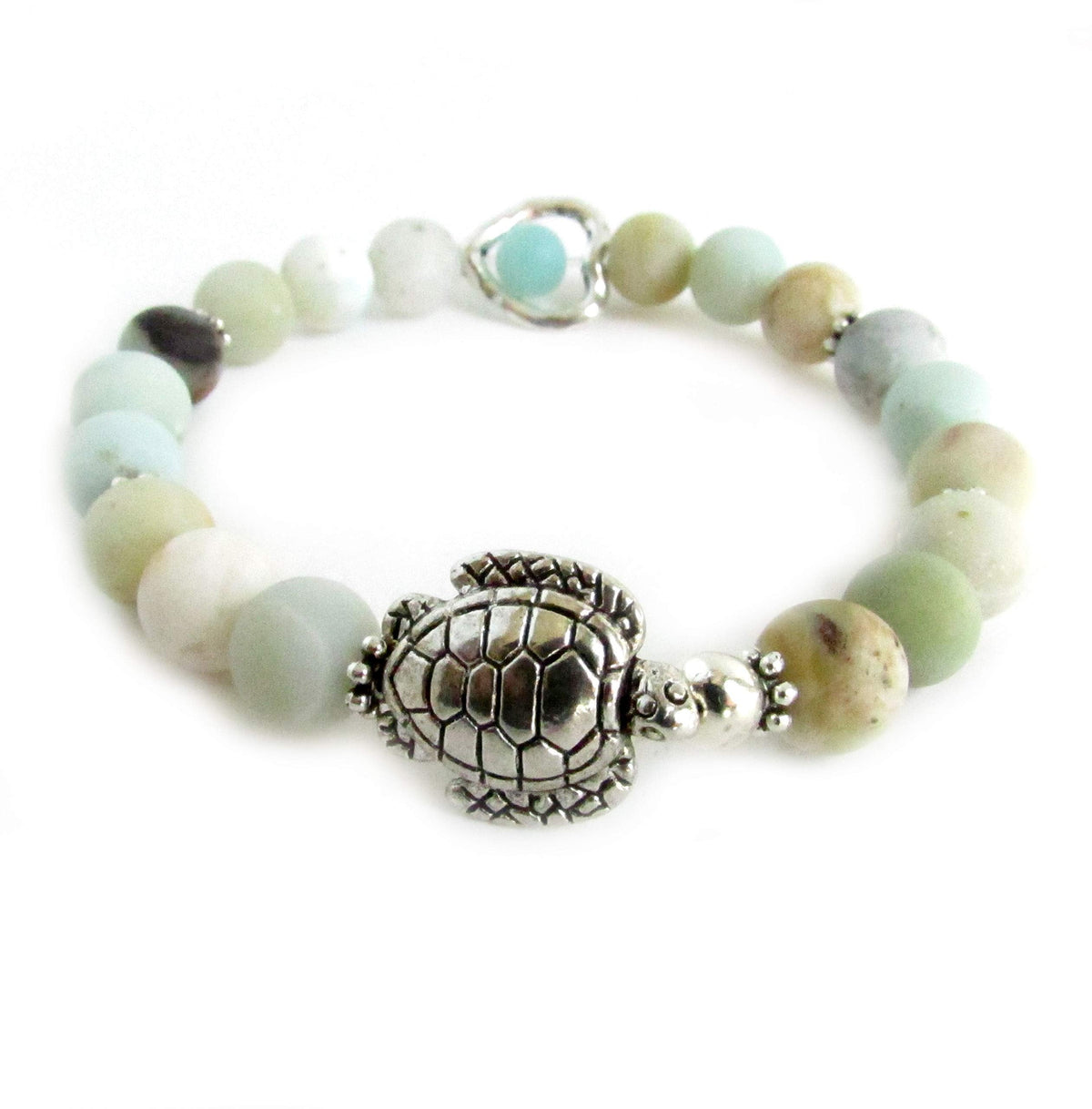 Sea Turtle and Heart Charm Bracelet with Amazonite Stones, Valentines Gifts for Women