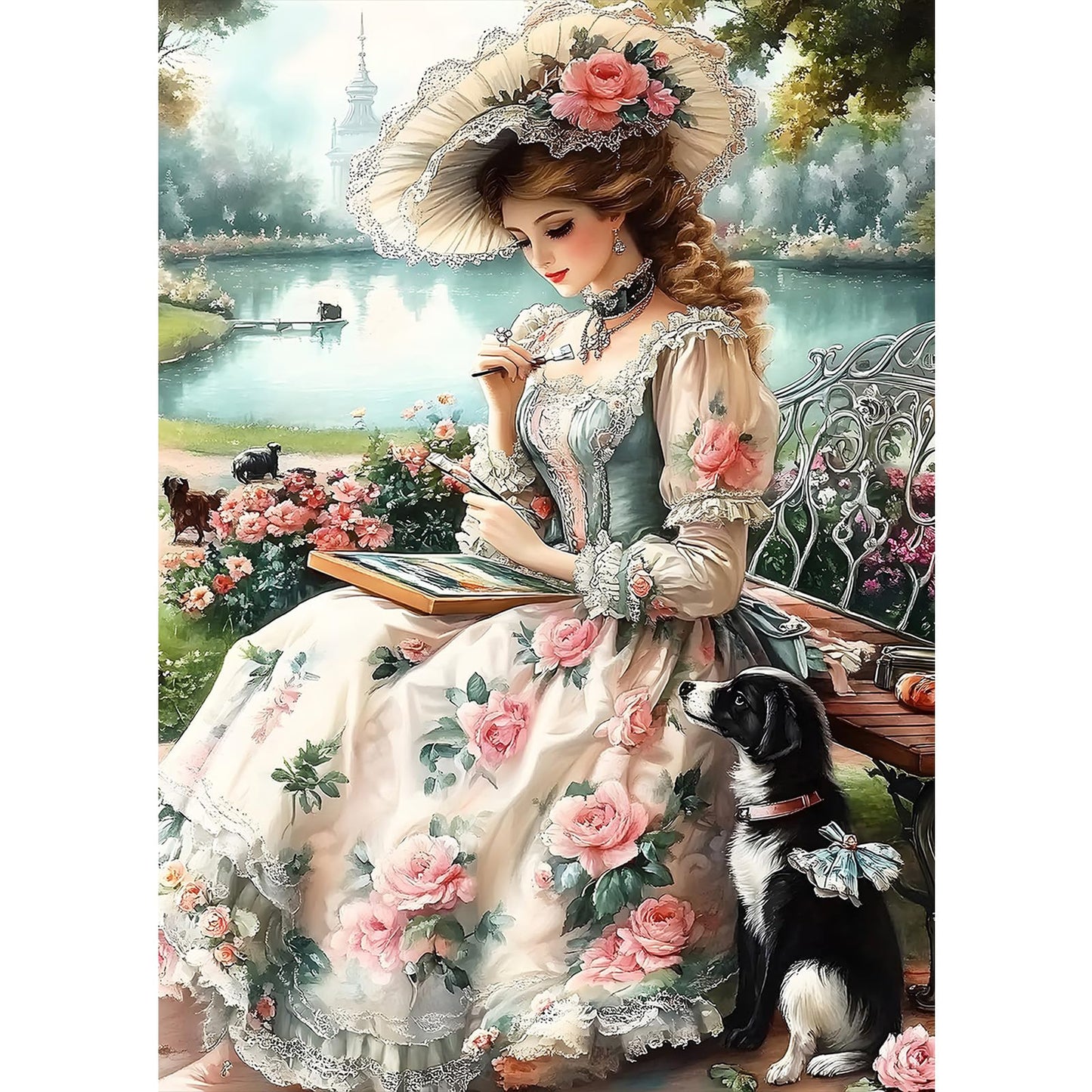 MXJSUA DIY Lady Diamond Painting Kits for Adults, Vintage Diamond Gem Art Painting for Beginners, Diamond Picture with Full Round Drill Dots Craft Set, 12 * 16 Inch