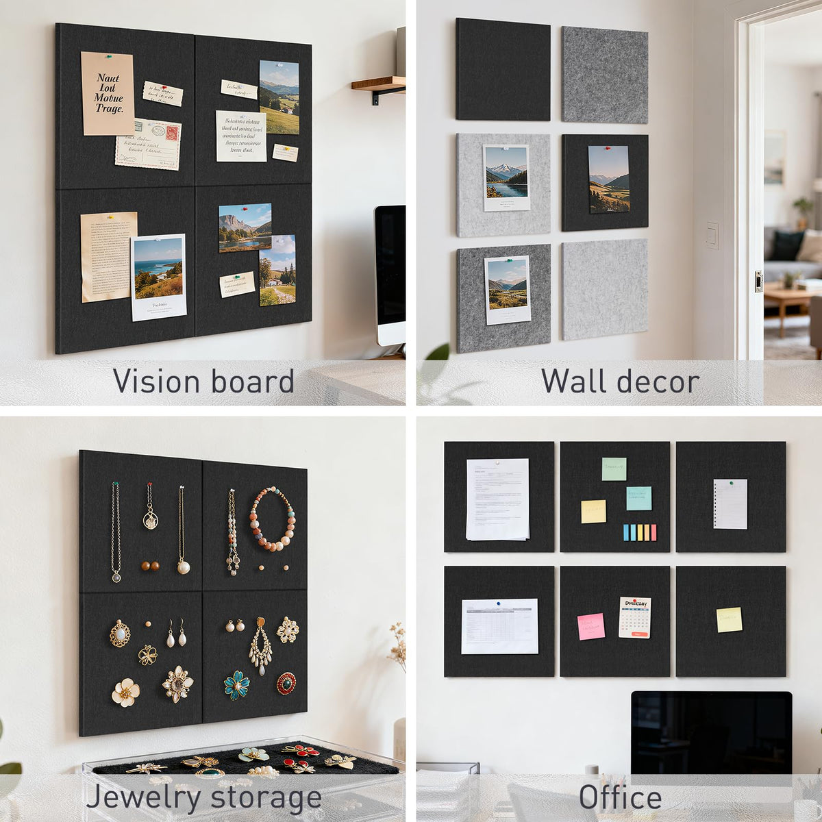 QUEENLINK 6-Pack Felt Bulletin Board Tiles 12"x12", Self-Adhesive Pin Board Wall Panels with 60 Push Pins, Modular Vision Board & Wall Organizer for Home Office Classroom, Black