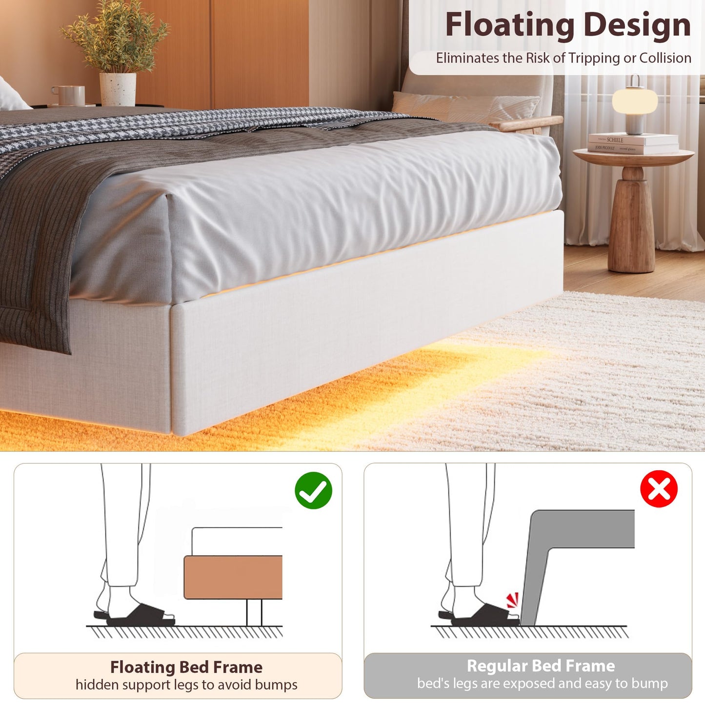 IDEALHOUSE King Floating Bed Frame with LED Lights & Charging Station, Upholstered Platform Bed with Storage Headboard, Wood Slats Support, No Box Spring Needed, Easy to Assemble, White