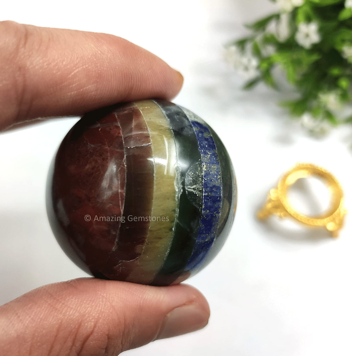 Amazing Gemstone Seven Chakra Crystal Sphere Round Ball with Sphere Holder Stand, Natural Healing Stone Sphere for Massage Meditation Crystal Grid Witchcraft Supplies Reiki Yoga