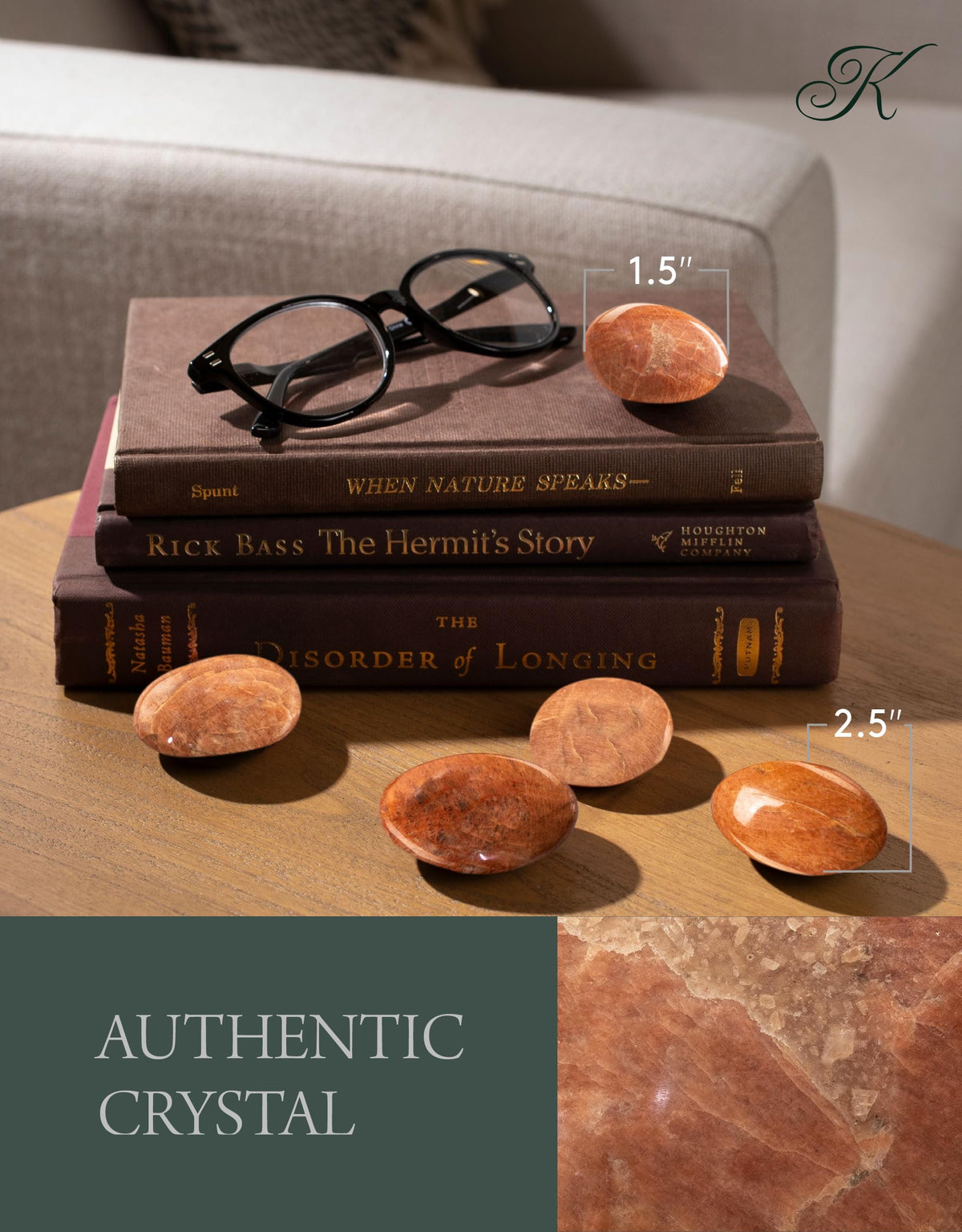 KALIFANO Sunstone Peach Moonstone Palm Stone with Healing & Calming Effects - AAA+ High Energy Piedra de Luna Melocotón Reiki Worry Crystal Used for Emotional Healing (Information Card Included)