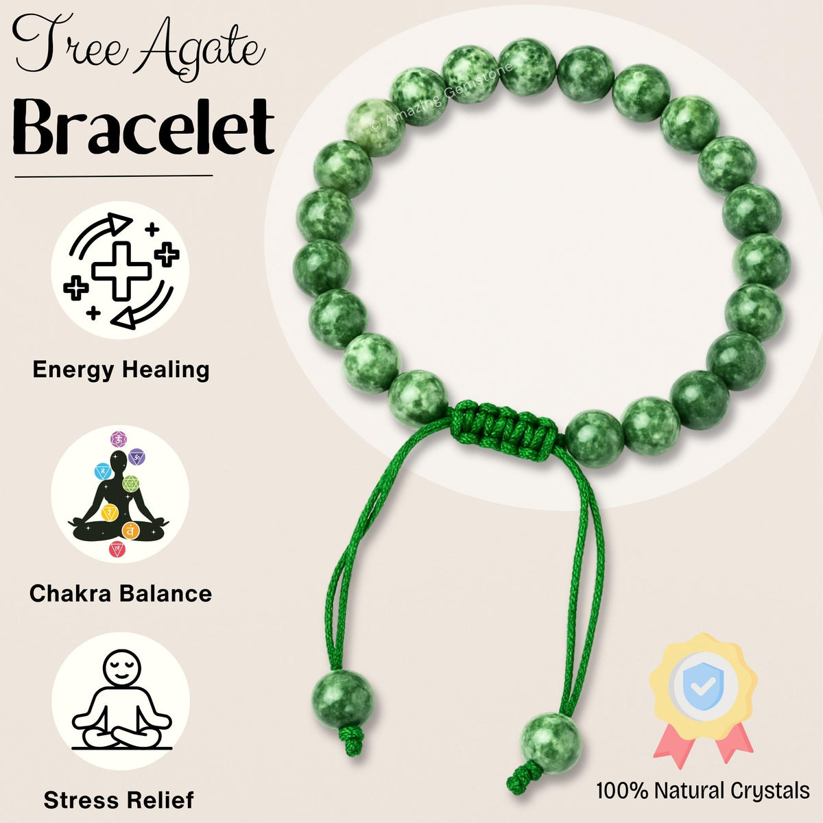 Amazing Gemstone Tree Agate Bracelet for Women Men's Gifts - Protection Healing Crystal Bracelet - 8mm Gemstone Beaded Adjustable Bracelet
