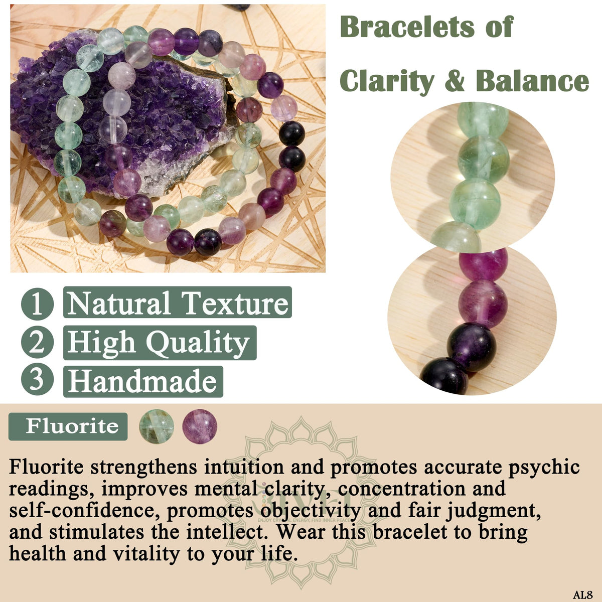Bivei Natural Gemstone Semi Precious Crystals Handmade Stretchy Round Beads Bracelet, Enhance Positive Energy,Stocking Stuffers for Women(Fluorite(Clarity & Balance) Medium)