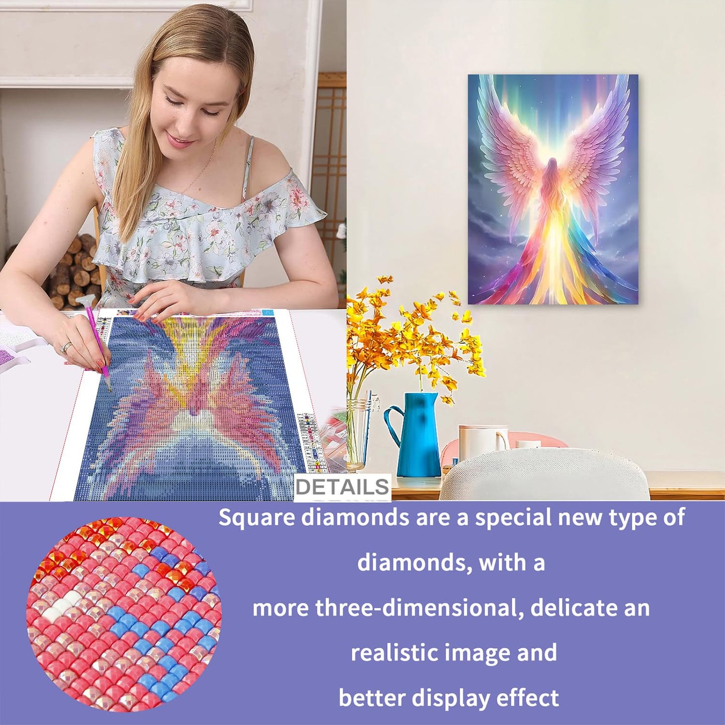 WEMEON Square Drill Diamond Painting Angel- 5D Full Square Diamond Art Kits for Adults with Tools, Stunning No-Gap Design, Easy to Apply and Frame, Home Wall Decor, Gift Idea(12X16 Inch)