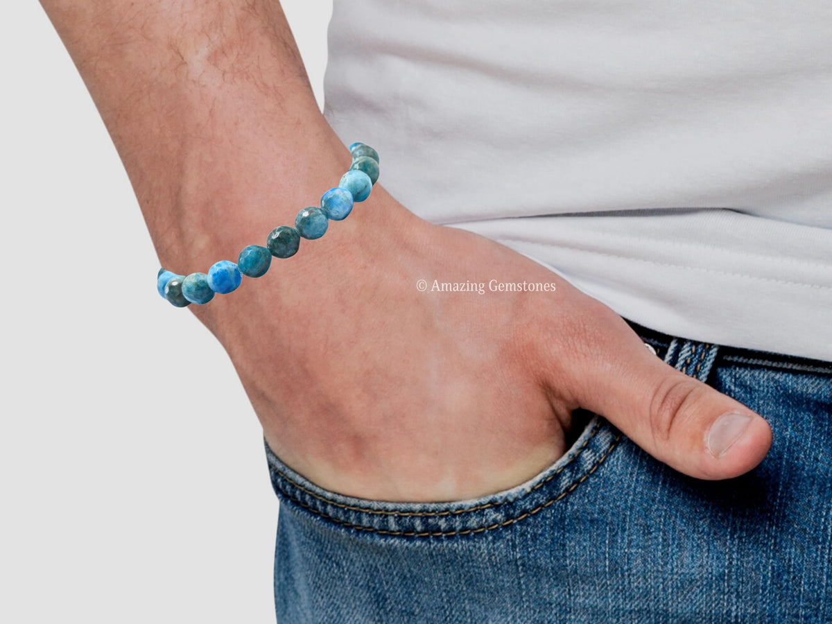 Amazing Gemstone Apatite Bracelet for Women - Chakra Mens Bracelet Protection Crystals and Healing Stones - Faceted Beaded Blessing Bracelet Spiritual Meditation Gift Christmas Stocking Stuffers