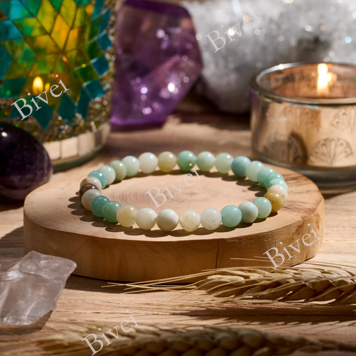 Bivei Amazonite - Abundance - 6mm Beaded Bracelets for Women Handmade Semi Precious Natural Stone Stretch Elastic Jewelry for Women Yoga Protection Gifts Small