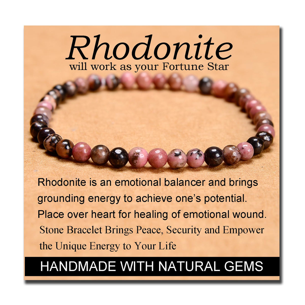 MASSIVE BEADS Pink Black Rhodonite - Stone of Fortune - Handmade Yoga Stretch Elastic Bracelet Natural Stone Crystal Healing Power Energy Gifts for Unisex Adult 4mm