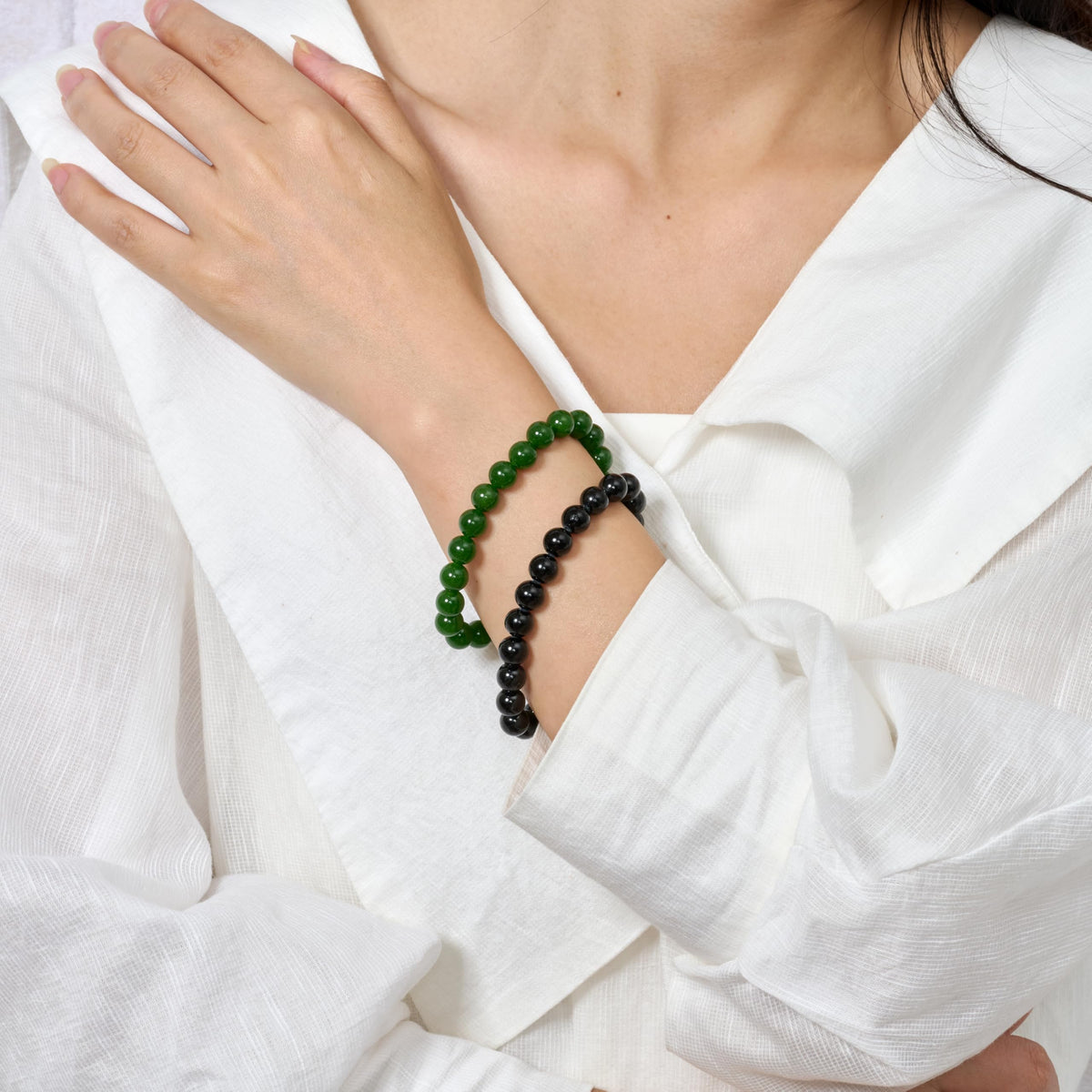 Bivei 2-Piece 8mm Beaded Bracelets for Women – Black Tourmaline, Green Jade – Natural Crystal Handmade Stretch Jewelry for Meditation, Protection & Gifts Yoga