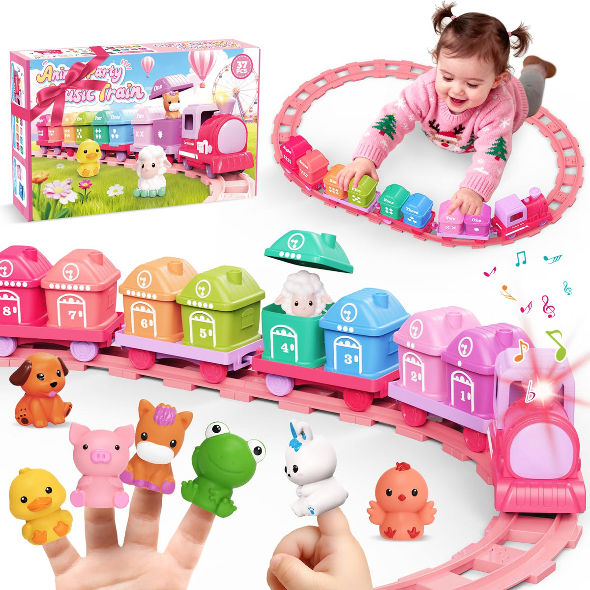 Train Set Toy Toddlers for 1-3 Learning Toy for Ages 1 2 3,Montessori Learning Matching & Sorting Toys,Christmas Birthday Gift Boys Girls (Pink)