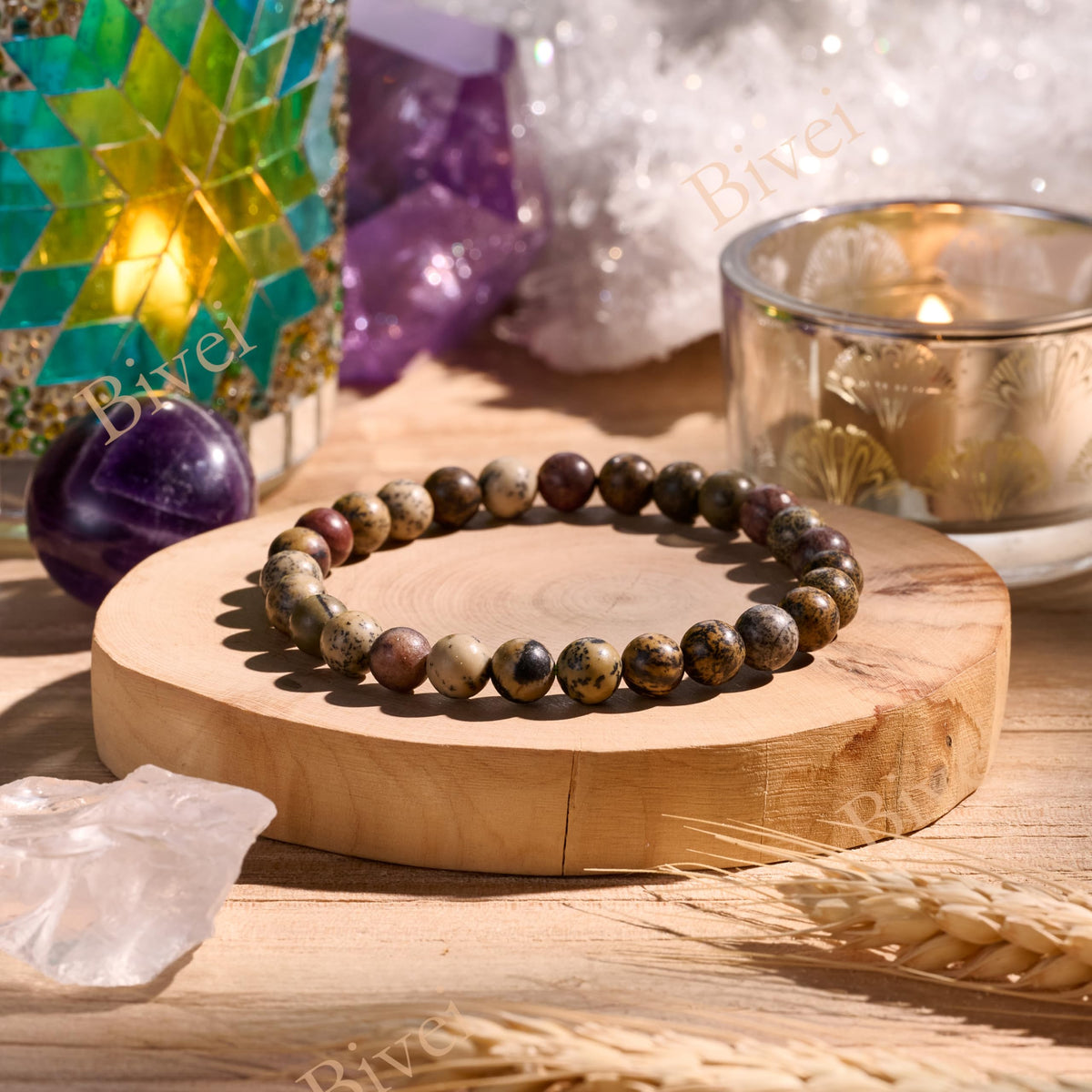 Bivei Dendritic Jasper-Grounded Growth-6mm Beaded Bracelets for Women Handmade Semi Precious Natural Stone Stretch Elastic Jewelry for Women Yoga Protection Gifts