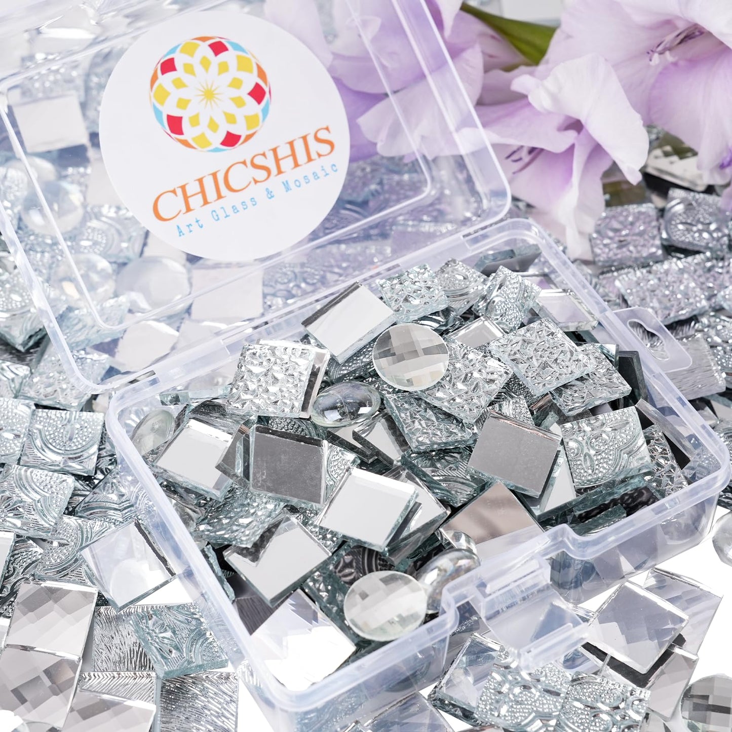 CHICSHIS 1000g Real Mirror Glass Mosaic Tiles for DIY, Silver Textured Square Tiles (15mm) with Iridescent Glass Gems, Mixed Shapes Stained Glass Set for Mosaic Art & Home Décor Projects