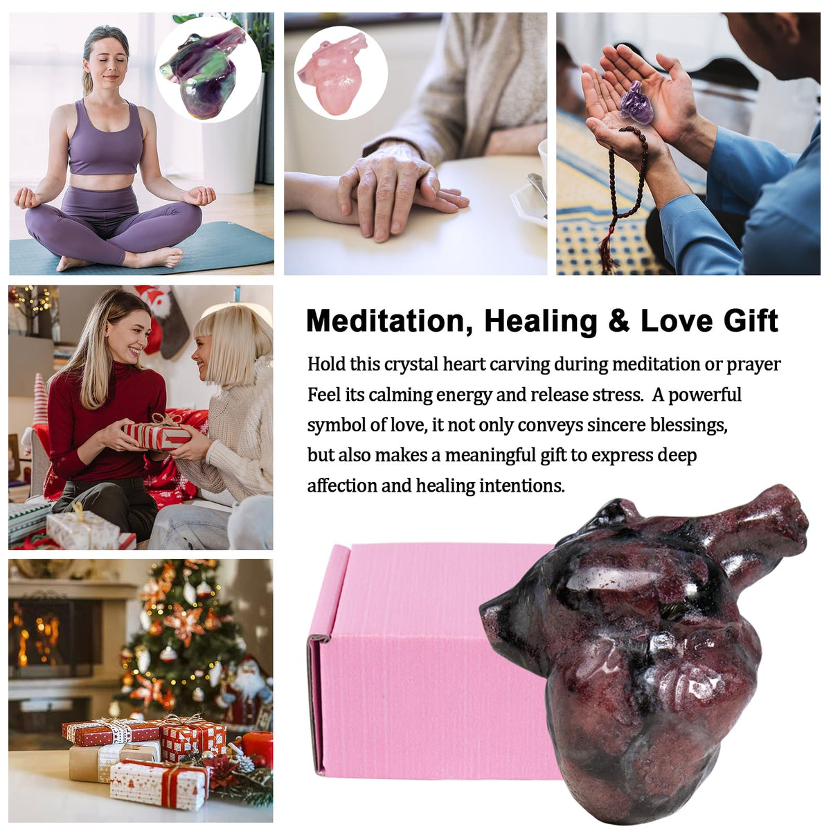 QLRSUXN Garnet Heart Crystal Figurines, 2.1 Inch Crystal Heart Love Statue for Home Decor, Meditation and Stress Relief, Hand Carved Natural Healing Stone Cardiac Sculpture Spiritual Gift for Women