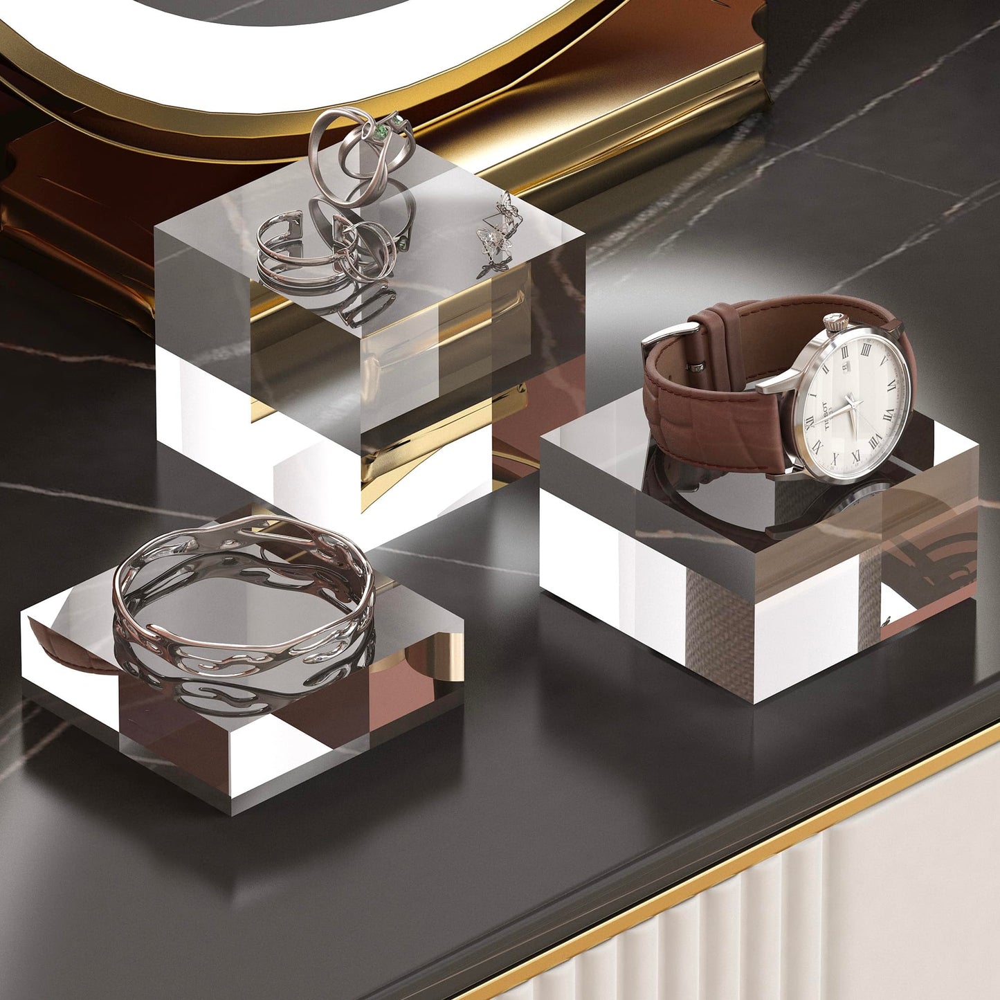 CANCLEAR Acrylic Display Stands, 3 Graduated Sizes Acrylic Block Riser for Displaying Collection, Crystal Clear Acrylic Cube Pedestals for Jewelry Glass, Gem and Collectables, 1set