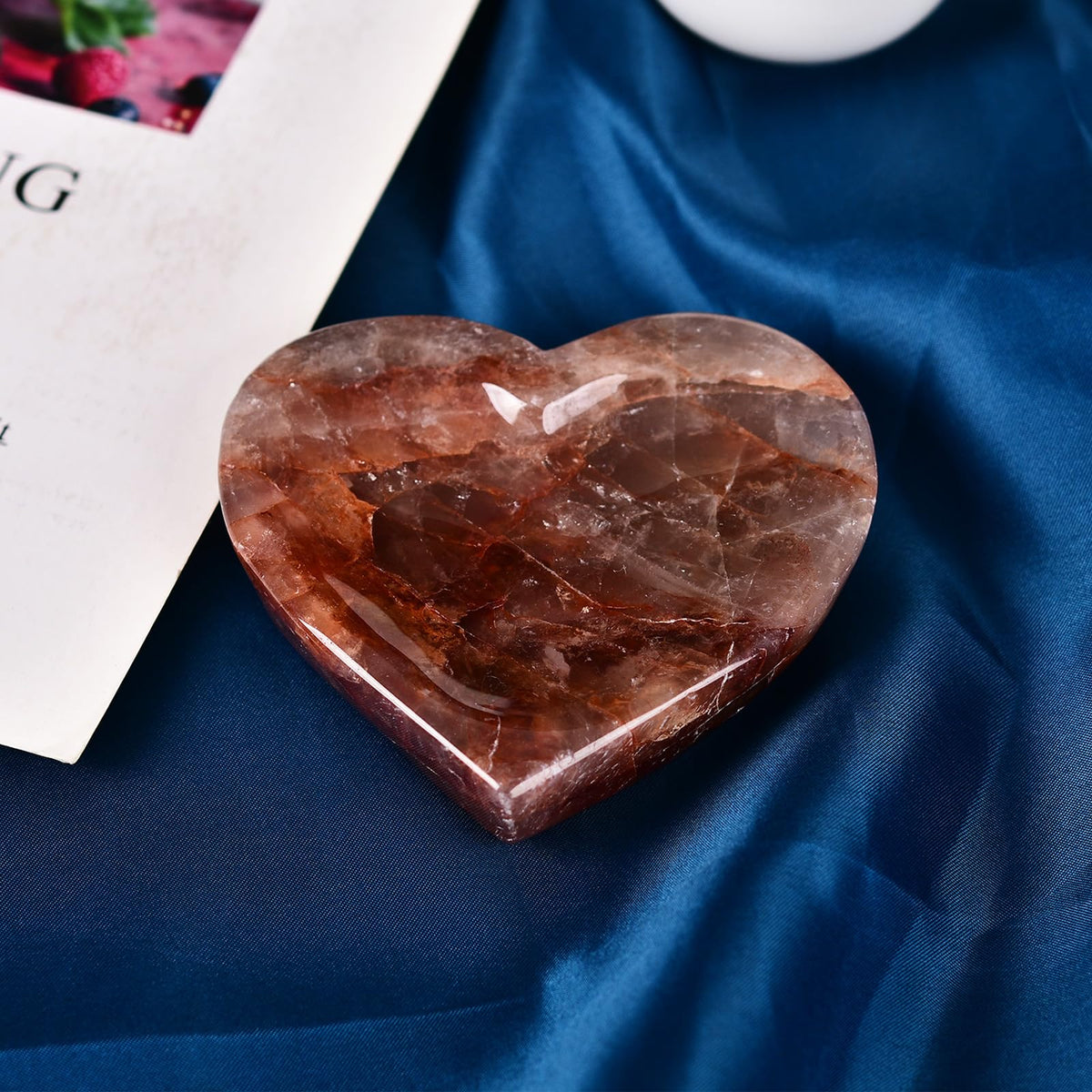 JIC Gem Natural Crystal Bowl Red Hematoid Quartz Heart Shape Healing Crystal Stone Decorative Bowl Jewelry Tray Home Office Decor