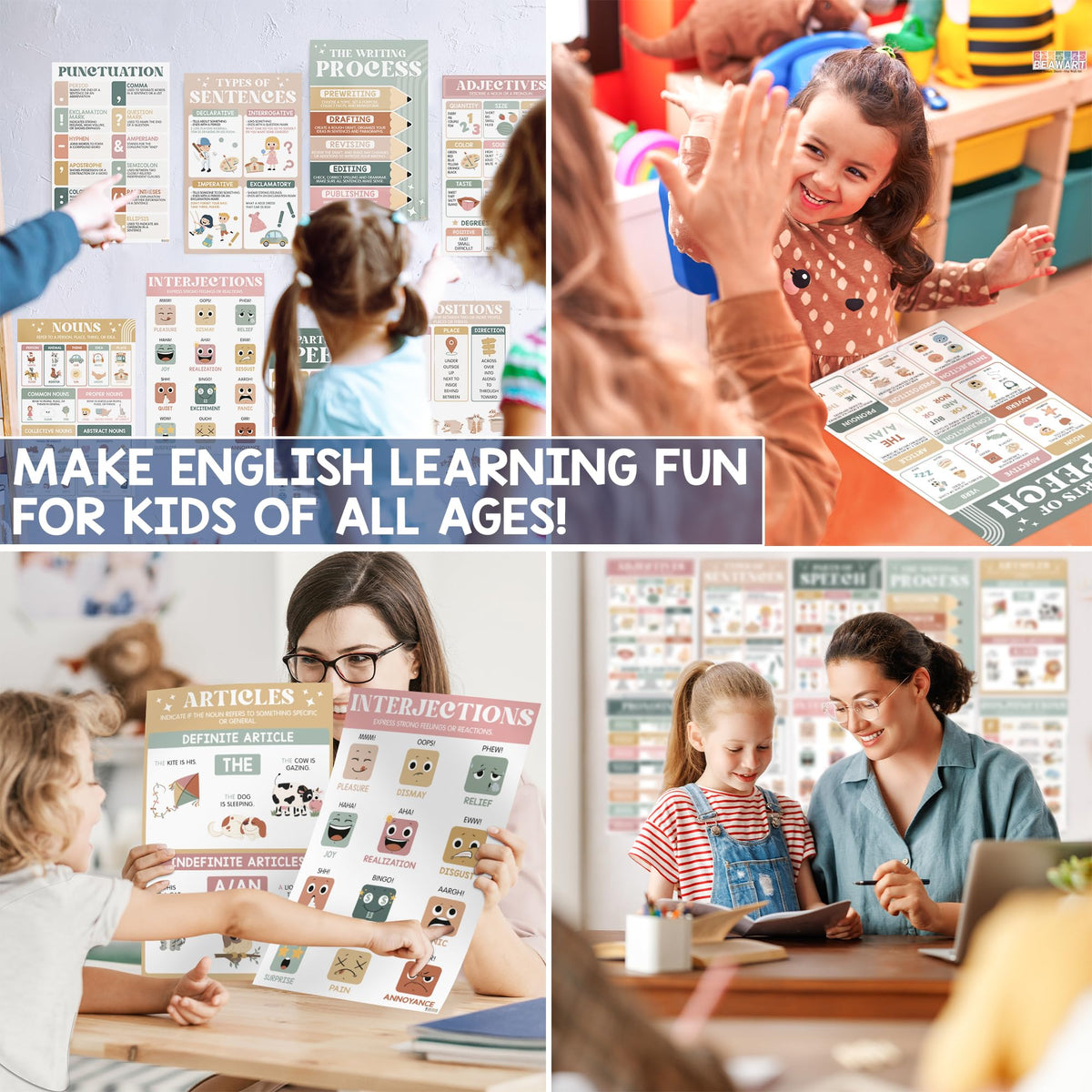 15 Pcs Boho Parts Of Speech Posters For Classroom (11"x17") English Grammar Classroom Posters, ELA For Middle School, English Wall Art, Nouns, Pronouns, Writing Process, Type of Sentences - UNFRAMED