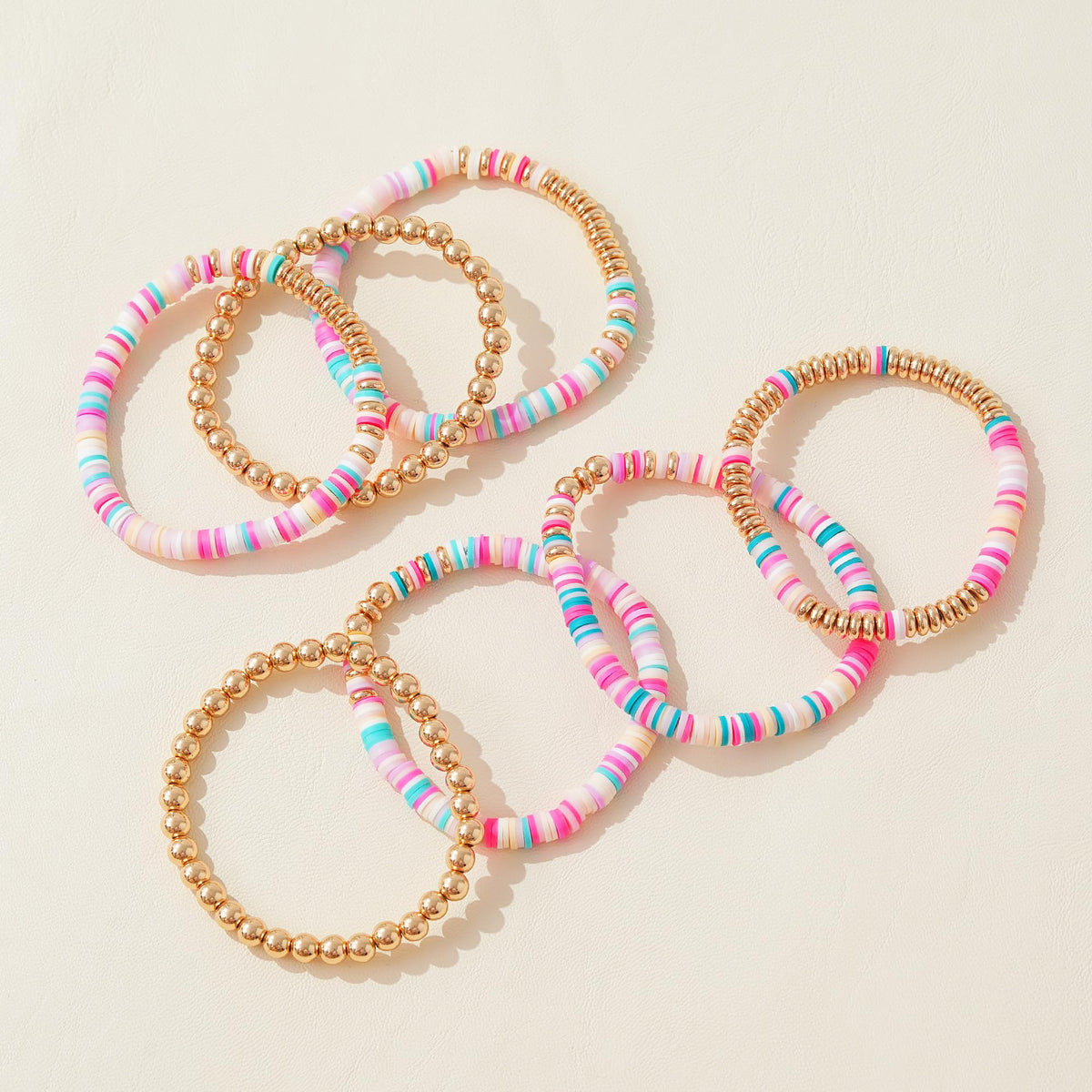GOOJIDS Surfer Heishi Clay Bead Bracelets for Women Bohemian Stackable Gold Plated Beaded Stretch Bracelets Elastic Layering Friendship Bracelets Set Boho Jewelry (F-Pink Multicolor Set)