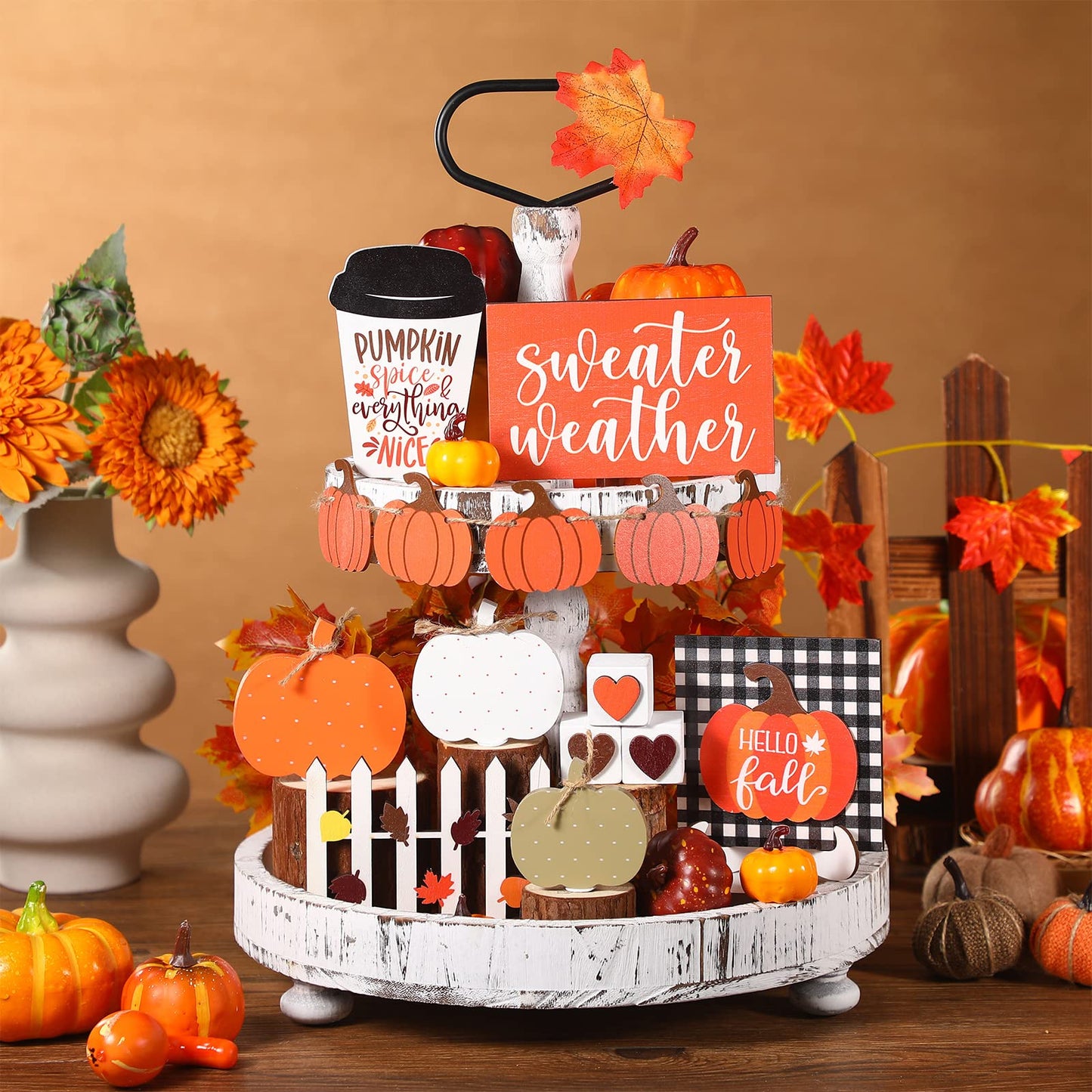 Sumind 15 Pcs Thanksgiving Tiered Tray Decor Set Fall Decorations for Home Autumn Wood Signs Thanksgiving Orange Brown Table Signs Farmhouse Wooden Maple Pumpkin Gnomes Tabletop for Festival(Pumpkin)