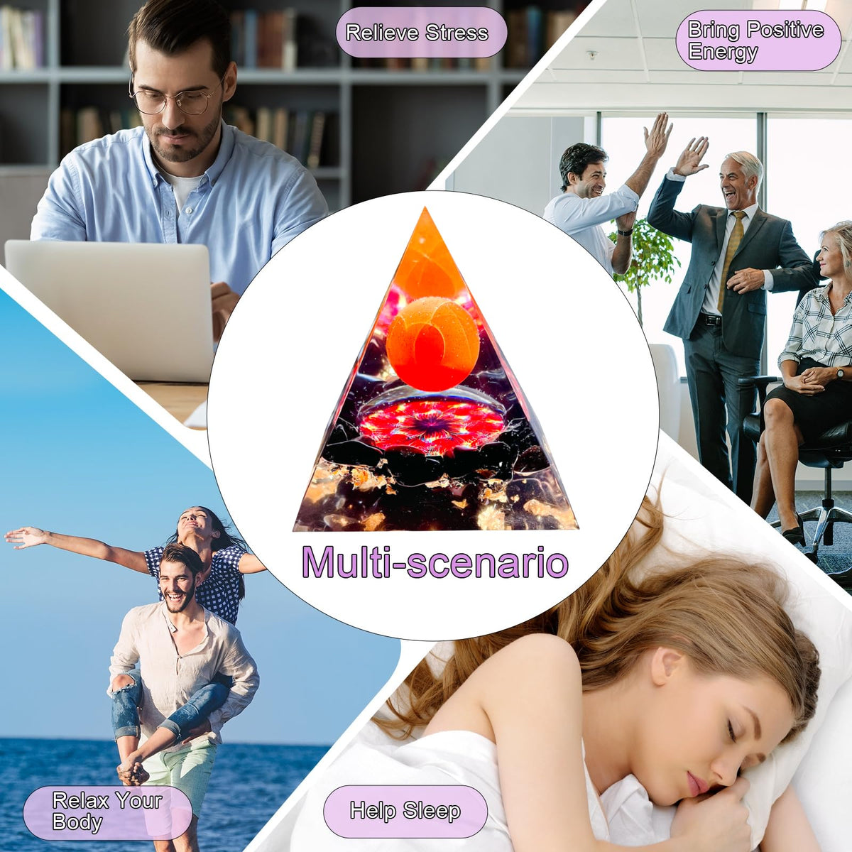 Saefheled Orgone Pyramid Energy Generator,Natural Obsidian&Rainbow Stone Orgonite Crystal Healing Pyramids for Reduce Stress Chakra Reiki Healing Meditation Attracts Lucky and Success, Wealth&Health