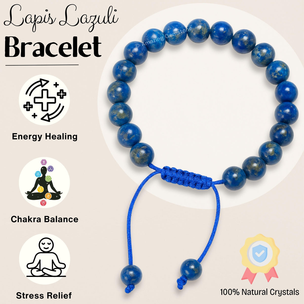 Amazing Gemstone Lapis Lazuli Bracelet for Women Men's Gifts - Protection Healing Crystal Bracelet - 8mm Gemstones Beaded Adjustable Bracelet Pulseras Para Hombres Mujer Stocking Stuffers