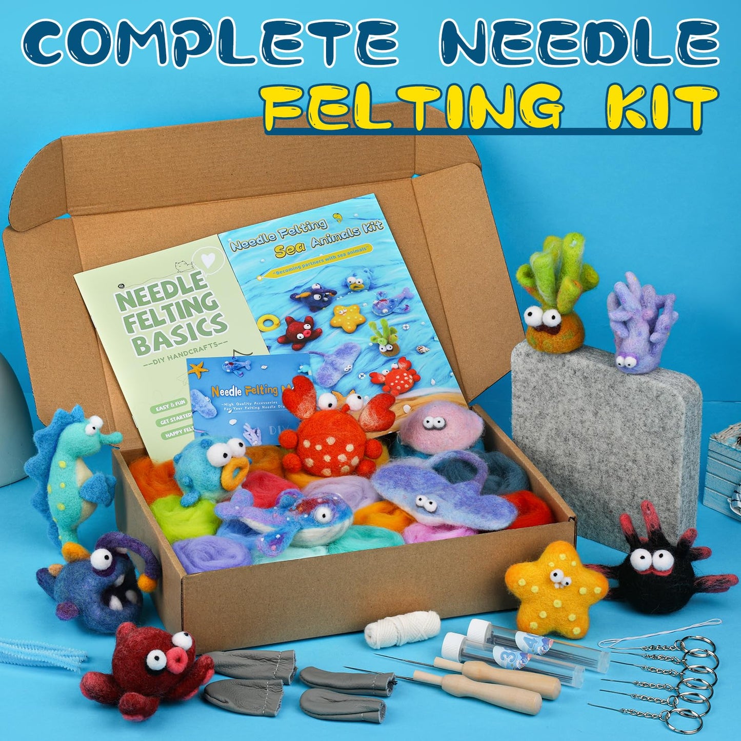 Fedmut Needle Felting Kits for Beginners Adult 12 Sea Animal Supplies with Wool Roving, Felt Art Kit, Wool Felting Kit for DIY Craft Home Decoration Party Supplies for Starters