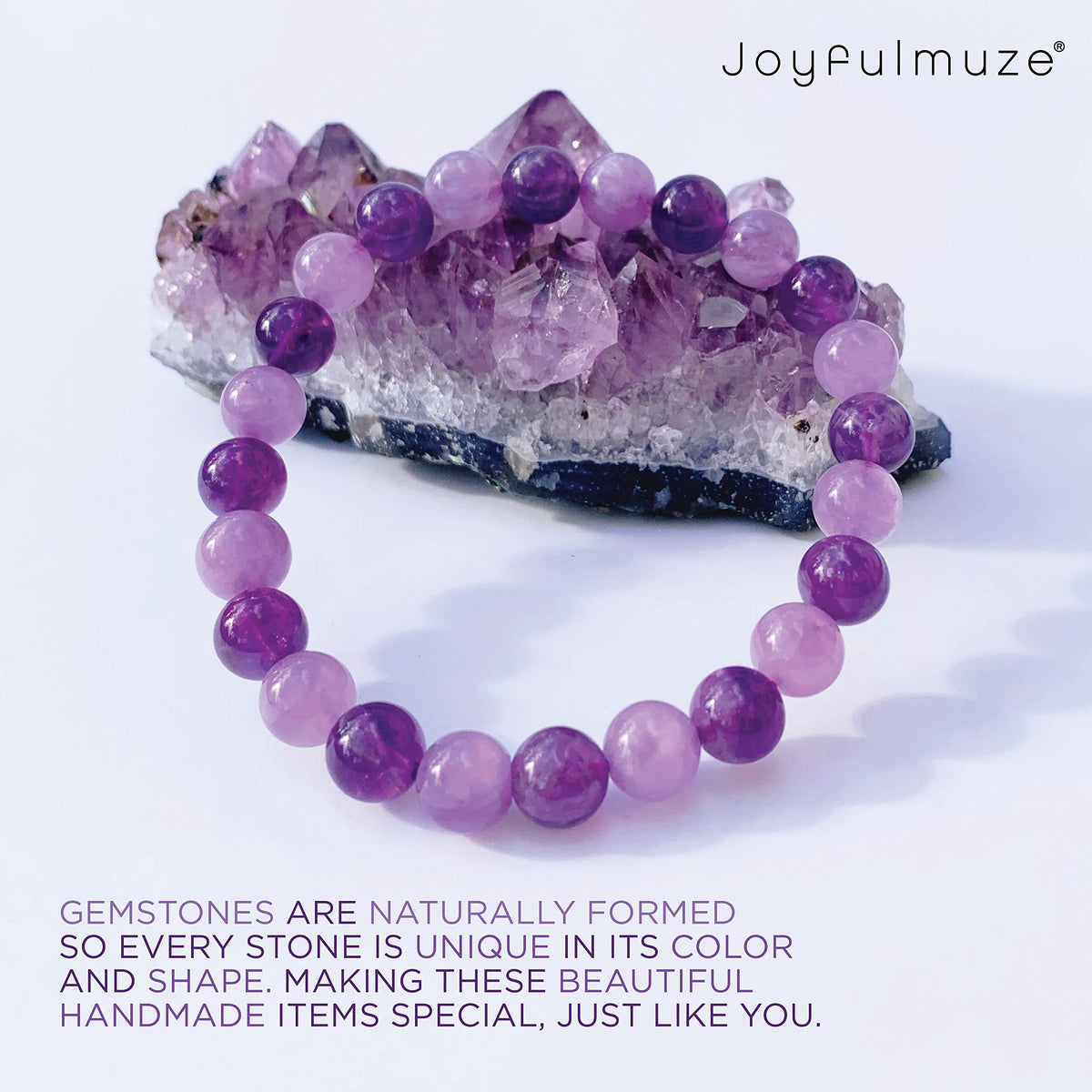 Joyfulmuze Stretch Bracelets, Natural Gemstones Amethyst, Citrine, Rose Quartz, Clear Crystal Quartz, Moomstone Peridot Teger Eyes, Handmade Gift for Women and Men (Amethyst Dark + Light)