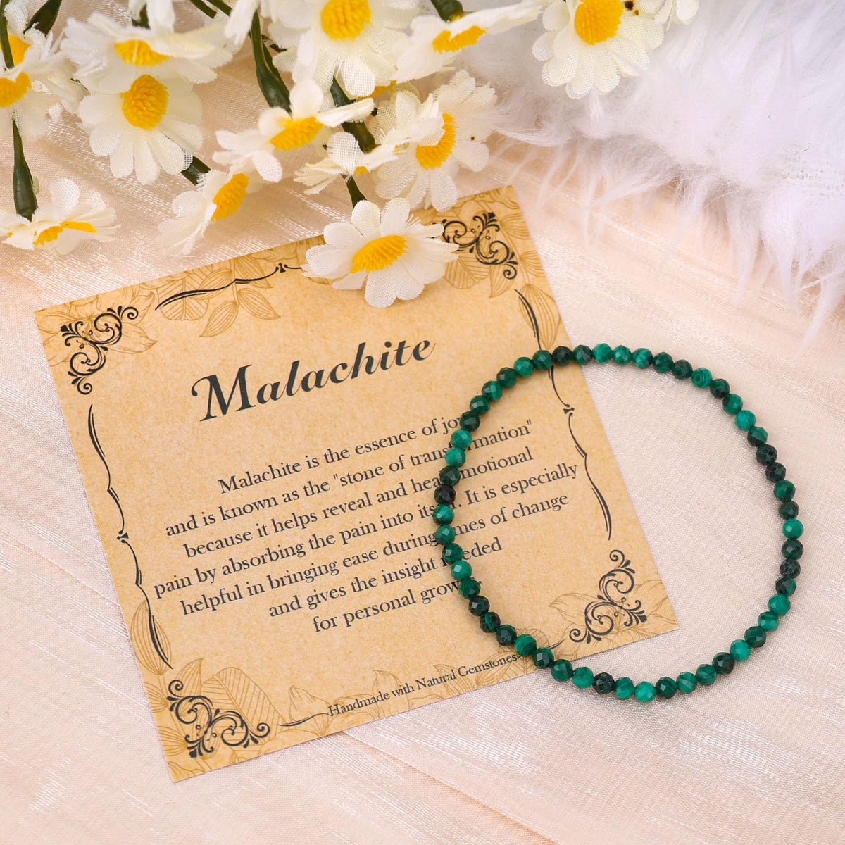 BONNY BOXX Natural Genuine Gemstone Faceted Round Beads Bracelets, 3mm Adjustable Stretchy Tiny Faceted Malachite Bracelet, Healing Crystal Reiki Chakra Dainty Jewelry Fashion Gifts