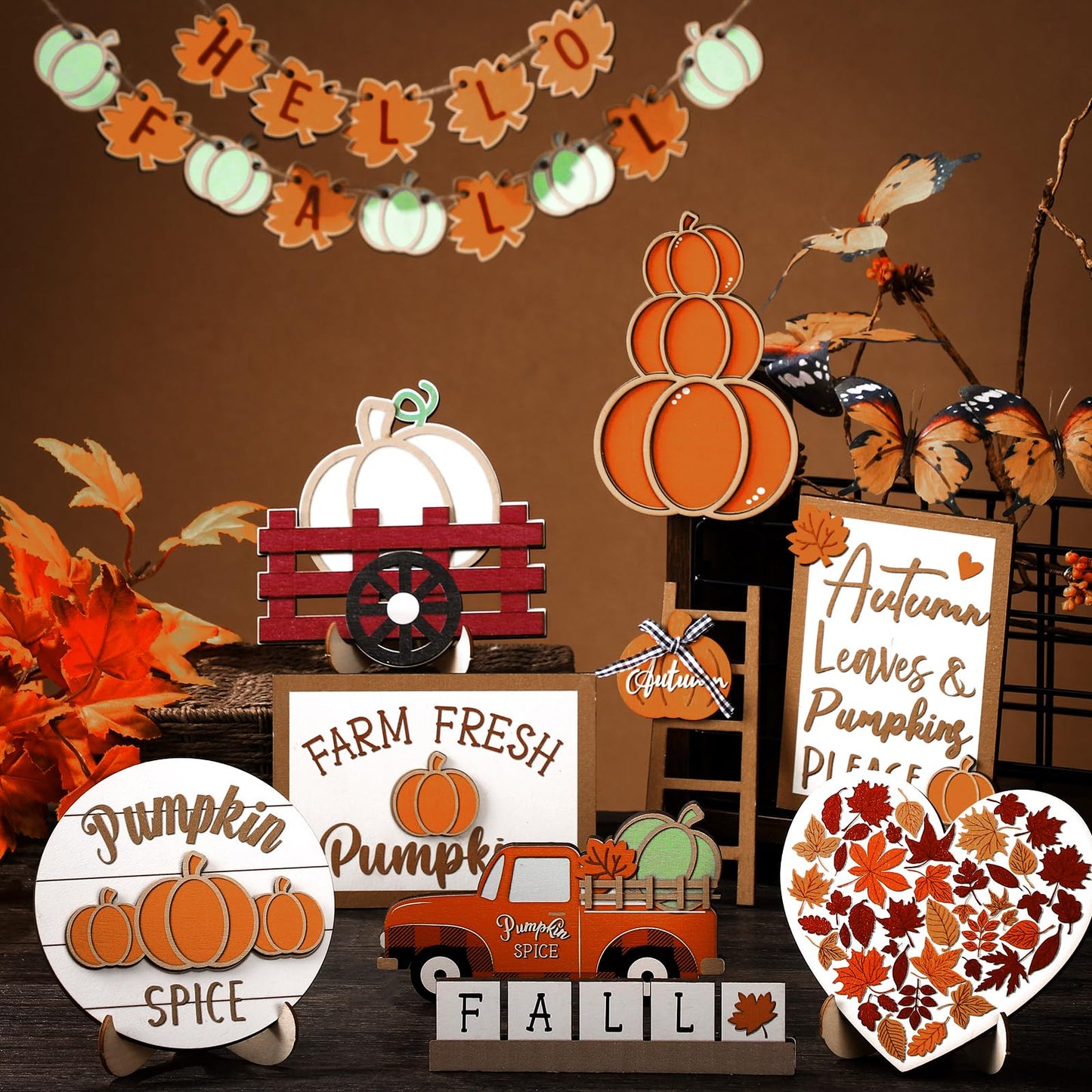 Maitys 23 Pcs Thanksgiving Tiered Tray Decoration Set Fall Pumpkin Maple Leaf Truck Wooden Sign Table Centerpieces Decor for Autumn Thanksgiving Day Farmhouse Kitchen Table Shelf Supplies