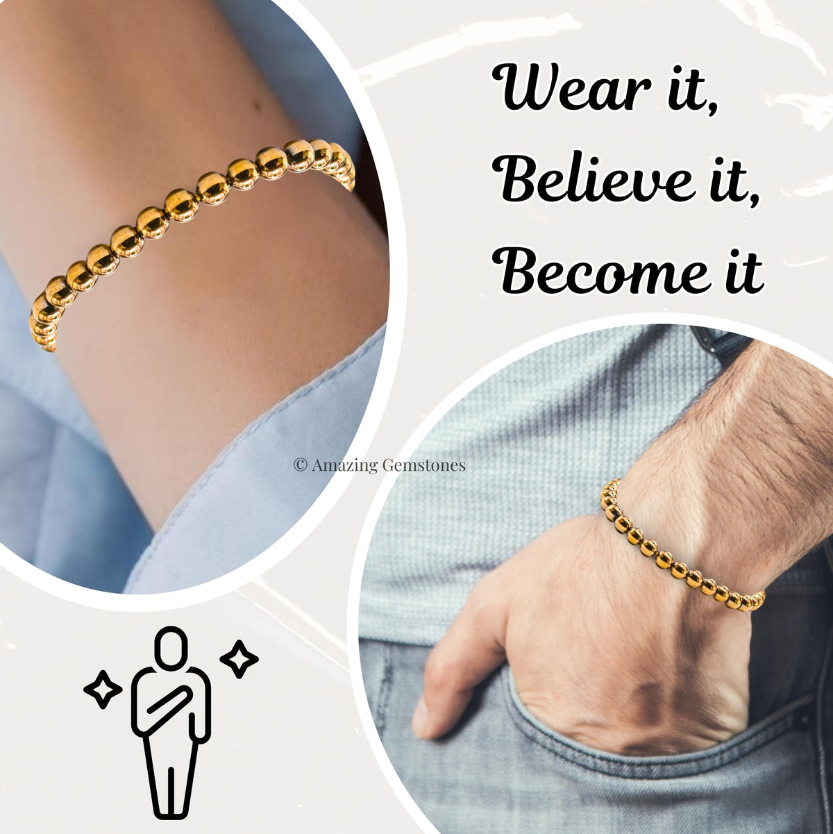 Golden Hematite Bracelet for Women Men's Gifts - Protection Healing Crystal Bracelet - 6mm Gemstone Beaded Adjustable Bracelet Pulseras Para Hombres Mujer Stocking Stuffers