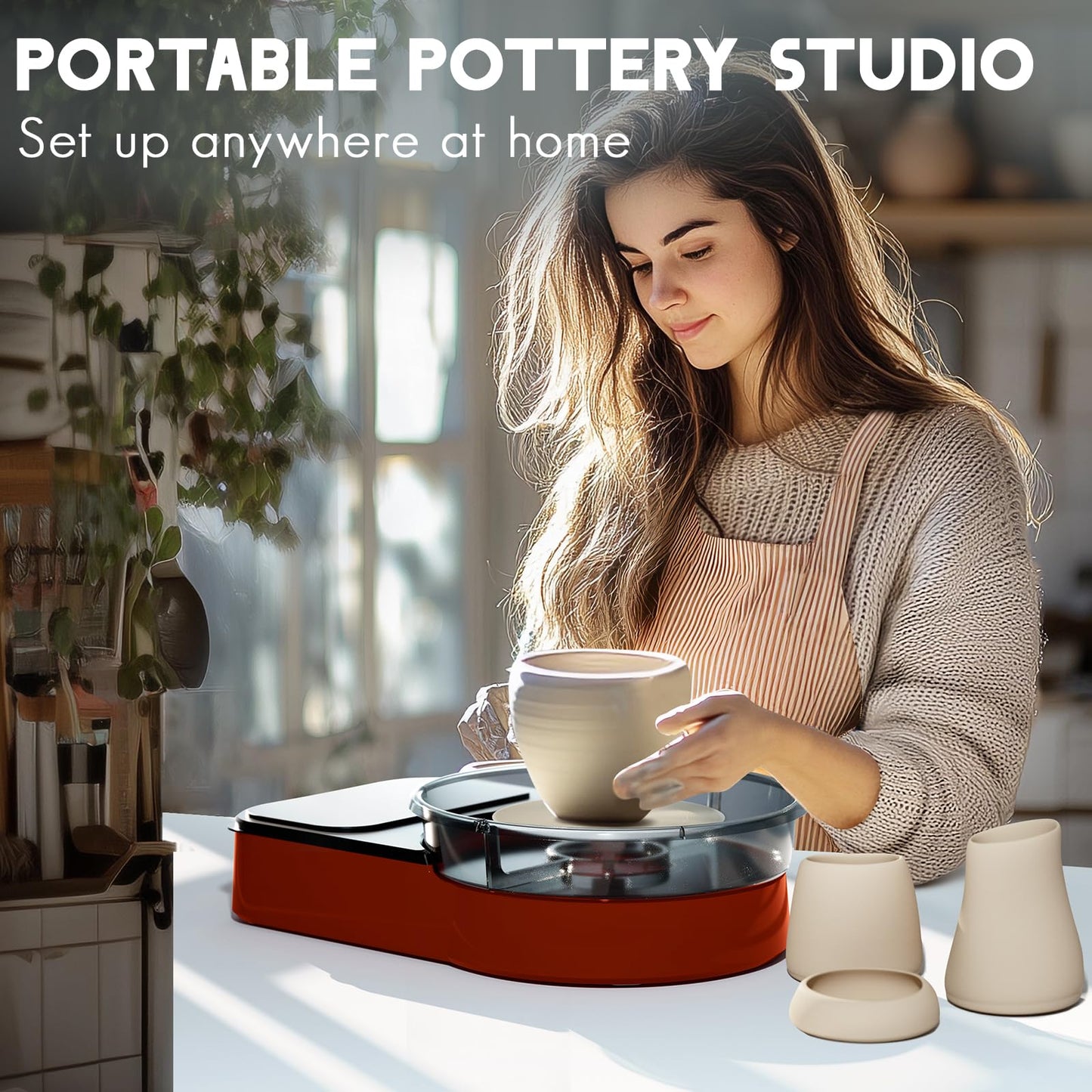 Pottery Wheel for Adults - Complete Pottery Tools Kit for Beginners, 6" Turntable Two-Way Rotation Adjustable Speed, 2.2 lbs. Air Dry Clay, Mini Clay Making Pottery Wheel with Storage Design (Red)