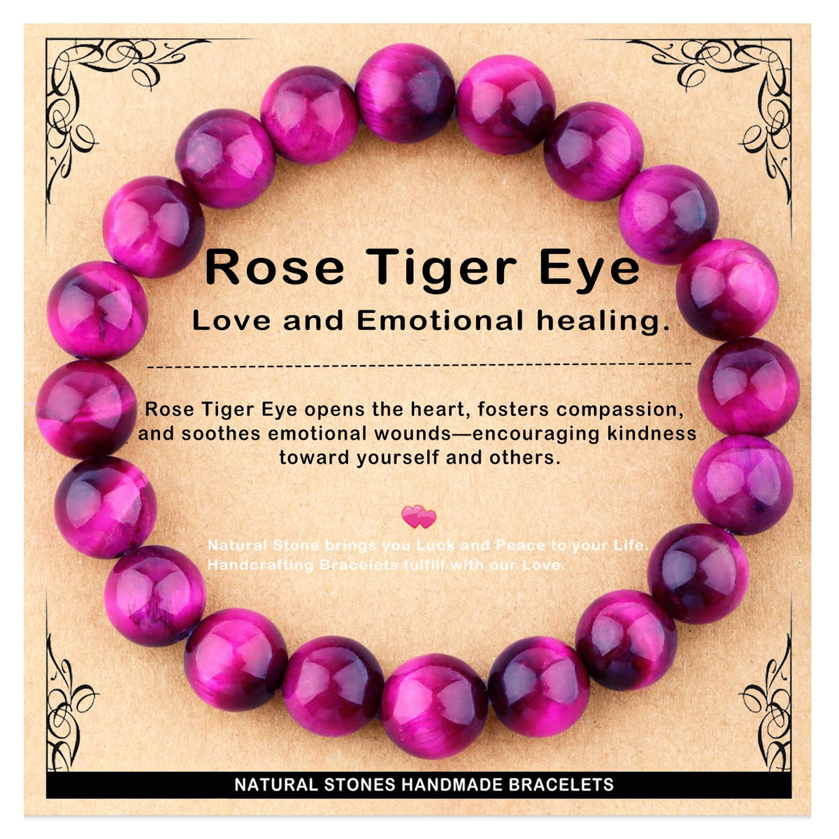 AD Beads 10mm Handmade Rose Tiger Eye Elastic Bracelet – Natural Gemstone for Love,emotional healing. – Meditation, Yoga, Healing and Energy Gift for Men Women