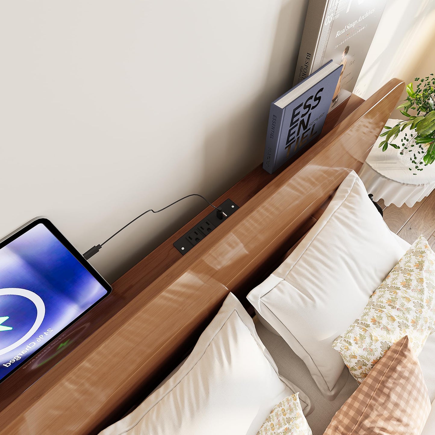 KEIKI Queen Size Bamboo Platform Bed with Headboard and USB Ports, Mid-Century Modern Floating Bed Frame with Solid Support Slats, No Box Spring Needed, Easy Assembly, Noise Free, for Bedroom, Brown