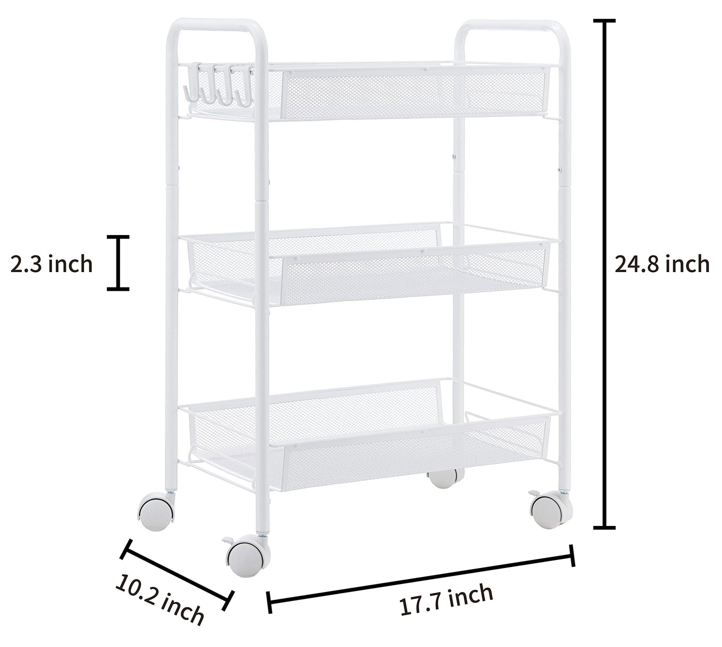 JANE EYRE 3-Tier Rolling Utility Storage Rack Cart on Wheels, Trolley Craft cart, Multi-Purpose Organizer Shelf, White