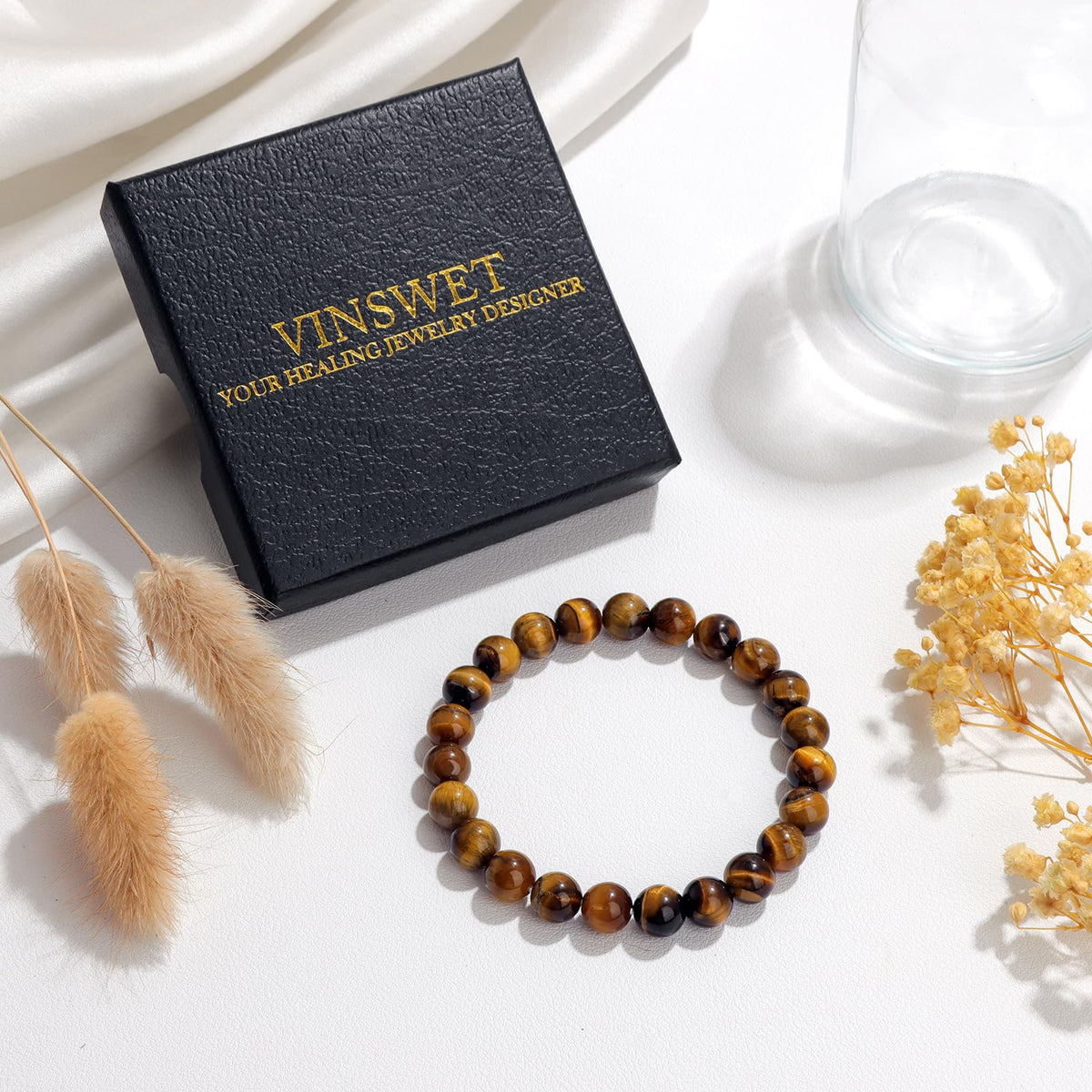 Vinswet Healing Crystal Bracelets for Women Men 8mm Tiger Eye Natural Stone Beaded Stretch Bracelet Handmade Gemstone Reiki Spiritual Jewelry Gifts