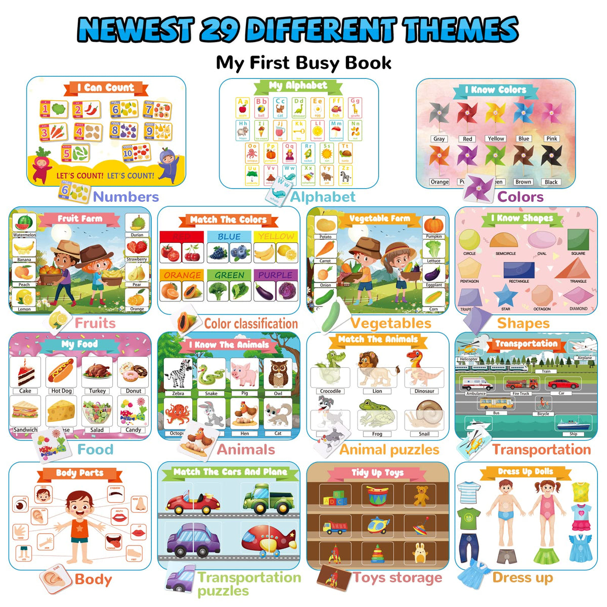 Huijing Toddler Activities Preschool Learning Busy Book - 29 Themes Binder Montessori Toys for Toddlers, Workbook Activity Autism Materials and Tracing Coloring