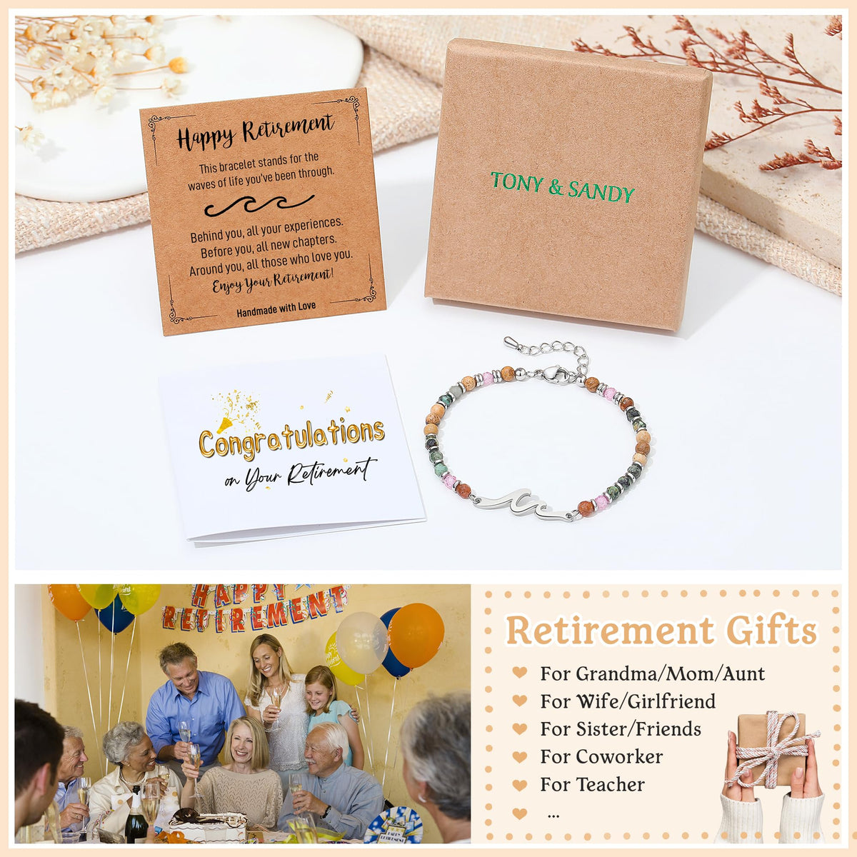 TONY & SANDY Retirement Gift for Woman, Wave Bracelet, 2026 Farewell Retired Gifts for Women Friends Nurse Teacher Boss Female Coworker, Happy Retirement Bracelet for Women