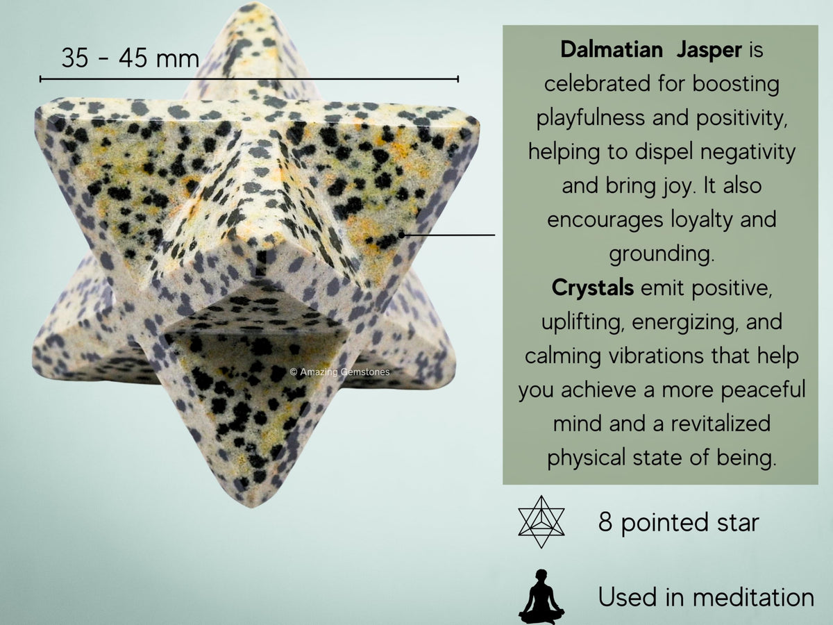 Amazing Gemstone Dalmatian Jasper Merkaba Crystal - 1.5 Inches Metaphysical Merkaba Star for Meditation - Energetic Tetrahedron Crystal and Healing Stones for Spiritual Growth and Healing (35-40mm)