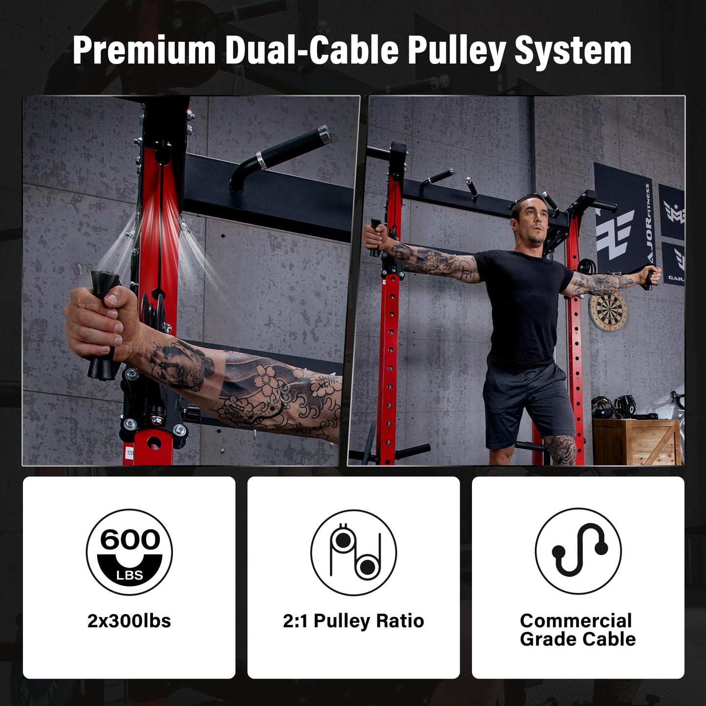 MAJOR FITNESS F22 Power Rack with Weight Bench – 1600lbs All-in-One Squat Rack with Cable Crossover, Dual Pulley, Heavy-Duty Steel Frame, Attachments & Storage for Home Gym Strength Training, Black