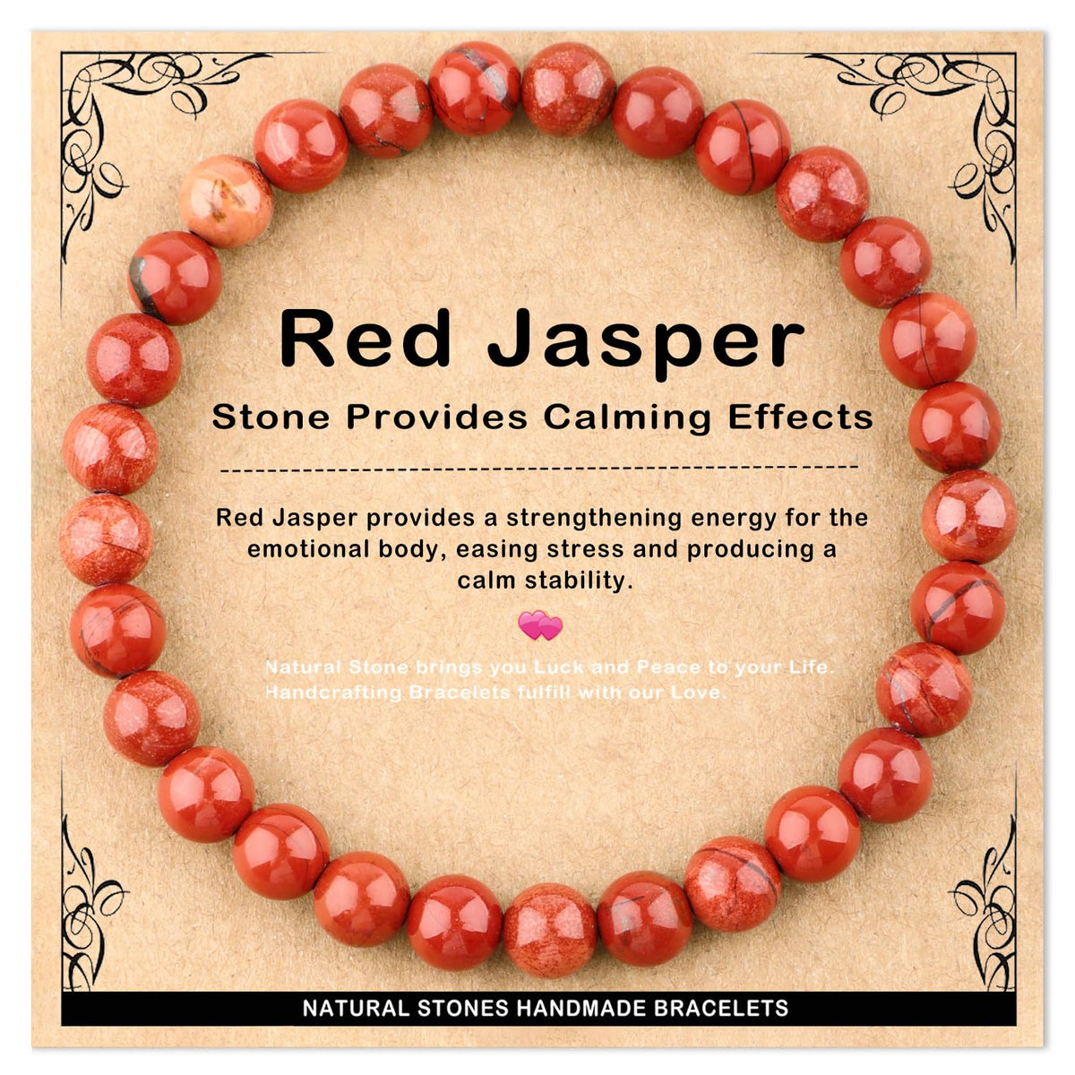 AD Beads 6mm Handmade Red Jasper Elastic Bracelet – Natural Gemstone for Stone provides Calming Effects – Meditation, Yoga, Healing and Energy Gift for Men Women