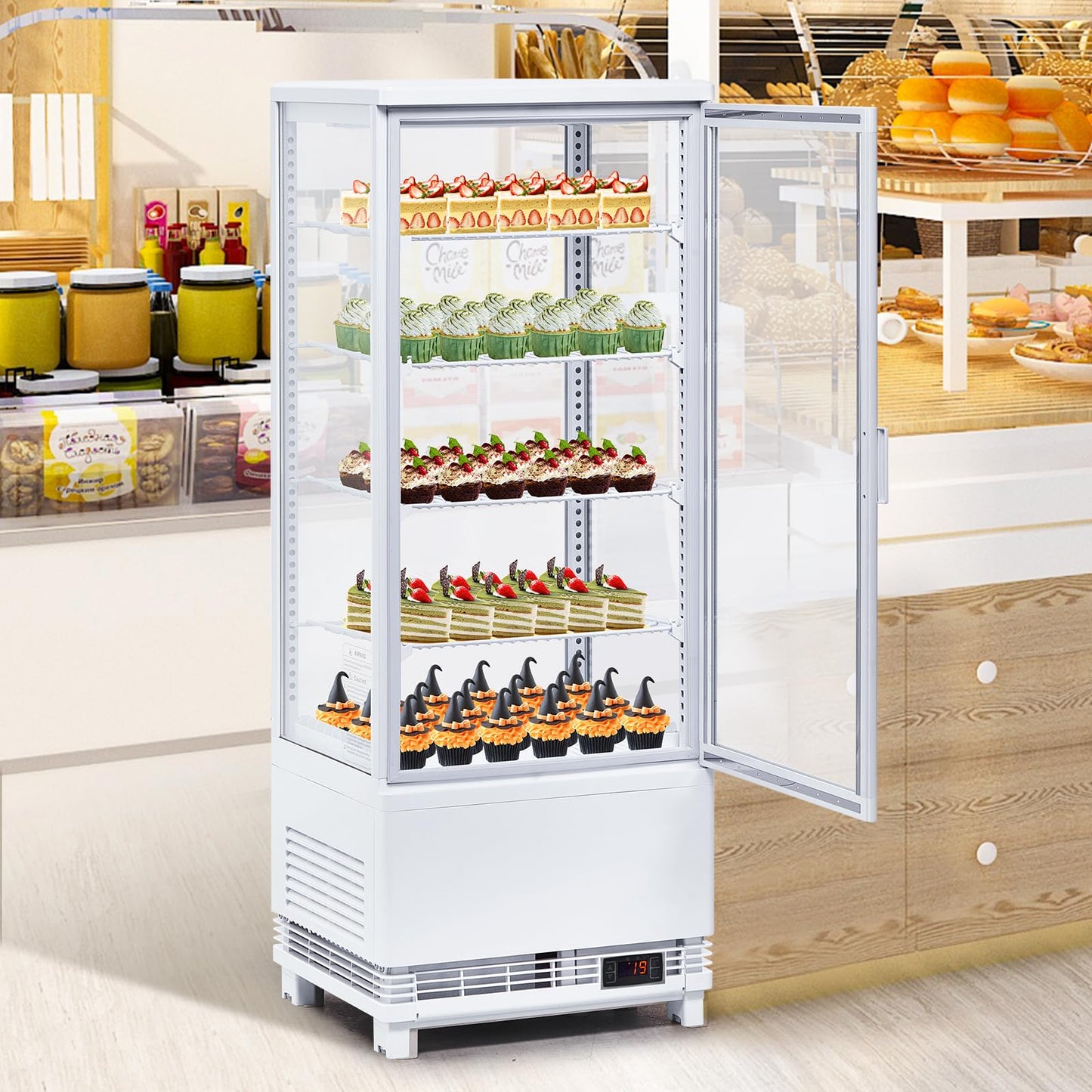 EliteEdge Refrigerated Pastry Display, 3.5 Cu. Ft. Bakery Display Case for Cakes, Pastries, Donuts, Cupcakes and Cookies, Dessert Display Refrigerator for Cafe, Bakery, Deli and Shop Counter, White