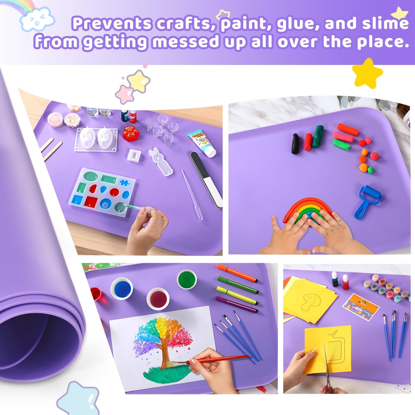 AtMini Silicone Art Mats for Kids, 24"x16" Silicone Craft Mat with Lip to Keep Clean, Play Sand, Painting, DIY Crafts Mat for Kids (Purple)