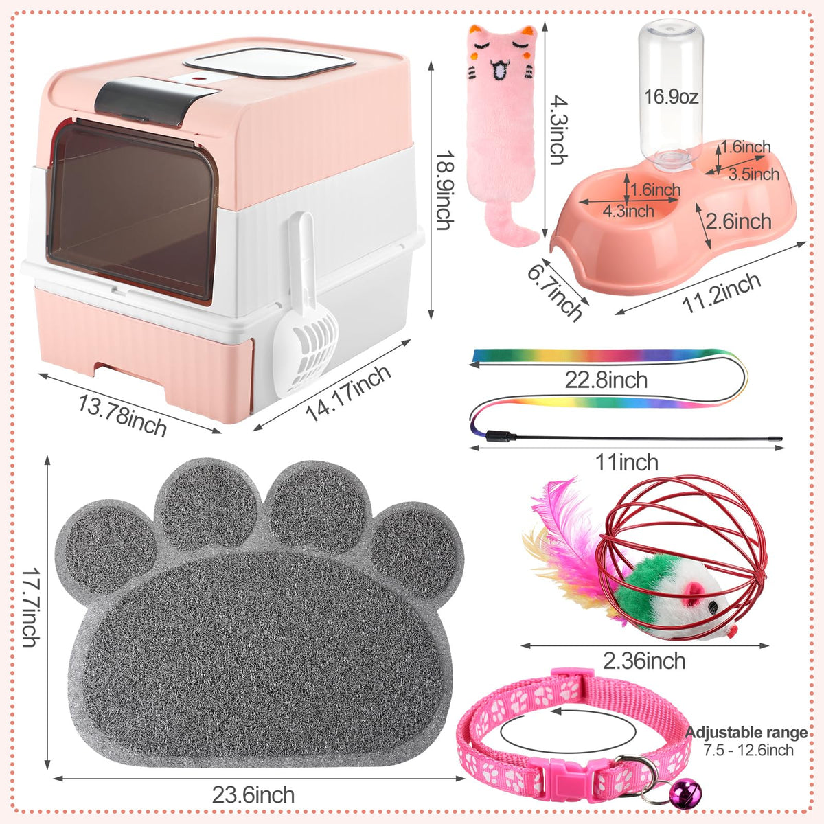 Tioncy 7 Pcs Small Cat Kitten Starter Kit Cat Litter Box with Shovel Paw Litter Mat Double Automatic Bowls Toy Teaser Stick Kitten Collar Essentials Kits for 1-3 Lbs Beginner(Pink)