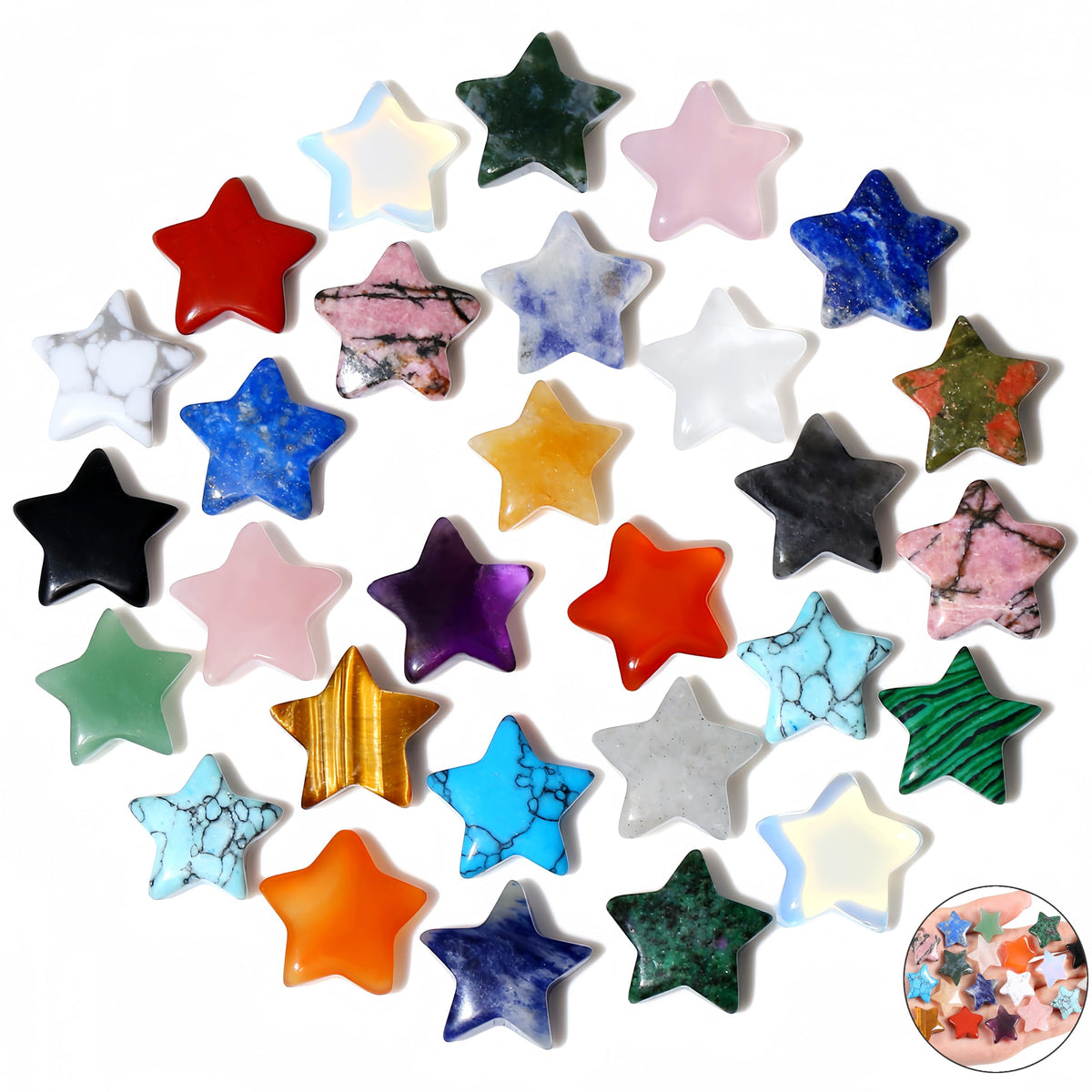QINJIEJIE 20PCS Crystals Star Stone Healing Crystal Set Mini Crystal Stars Worry Stones Bulk Chakra Crystal Cute Pocket Star Gemstones for Meditation Balancing DIY Jewelry Star Stones Gifts for Women Stocking Stuffers