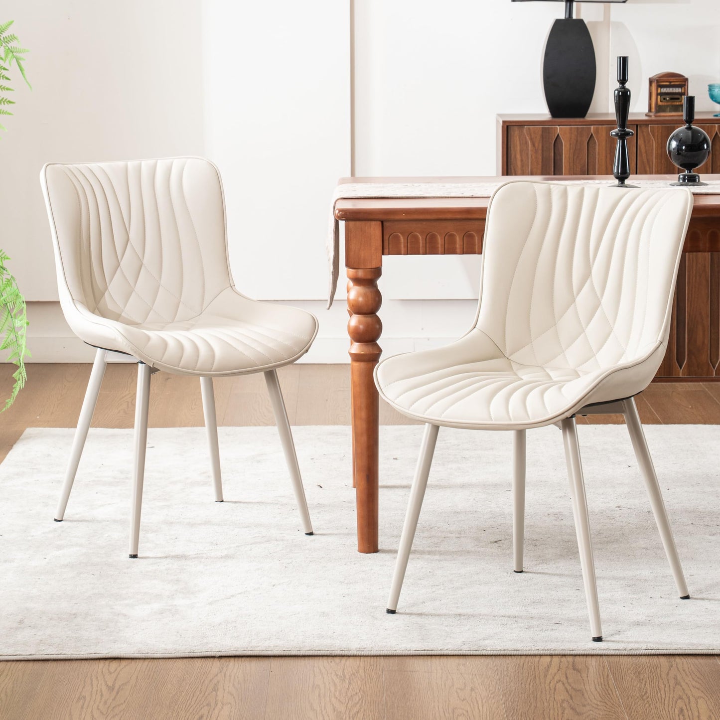 Kidol & Shellder Dining Chairs Set of 2, Mid Century Modern Kitchen Chairs with Metel Legs, PU Leather Upholstered Side Chair for Dining Room, Living Room, Lounge, Restaurant, Cream