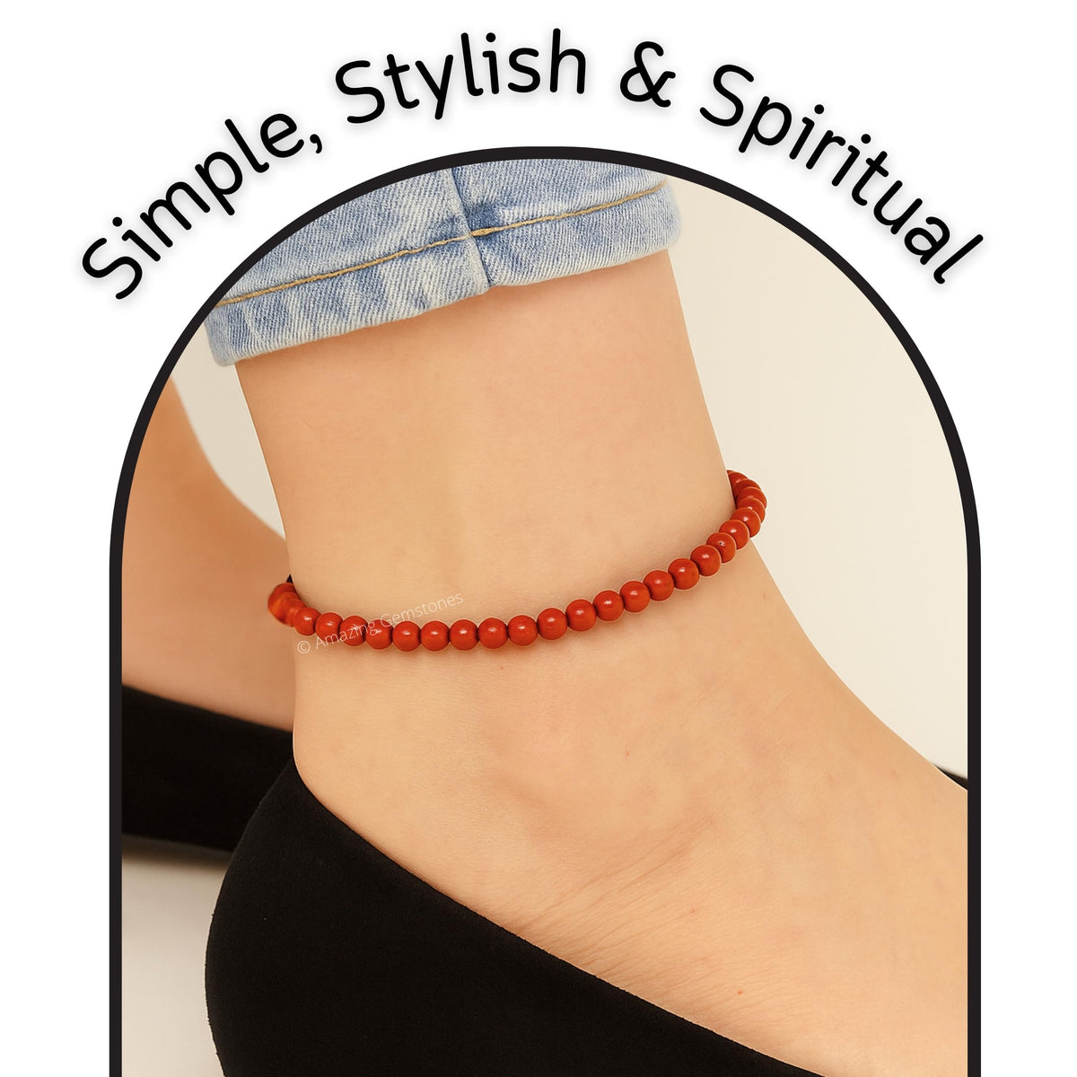 Amazing Gemstone Red Jasper Anklet Ankle Bracelets for Women - Waterproof Beaded Healing Crystal Anklets, Plus Size Chakra Gemstone Bead Anklet (Stretchy Adjustable - Plain)